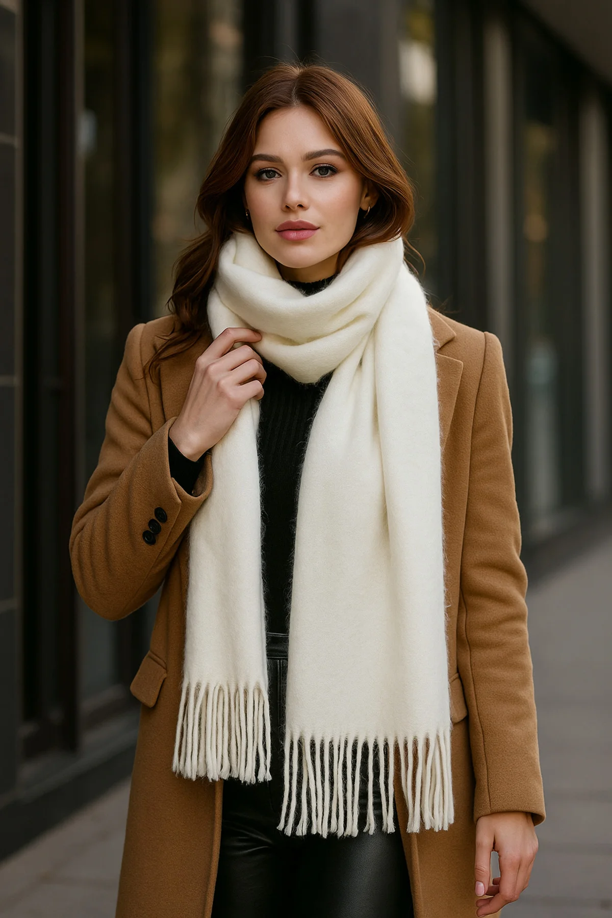 Kadın Basic Ekru Püsküllü Buklet Atkı - Şal 45x200 Cm Sal1285 - Luminos Butik Görsel 2