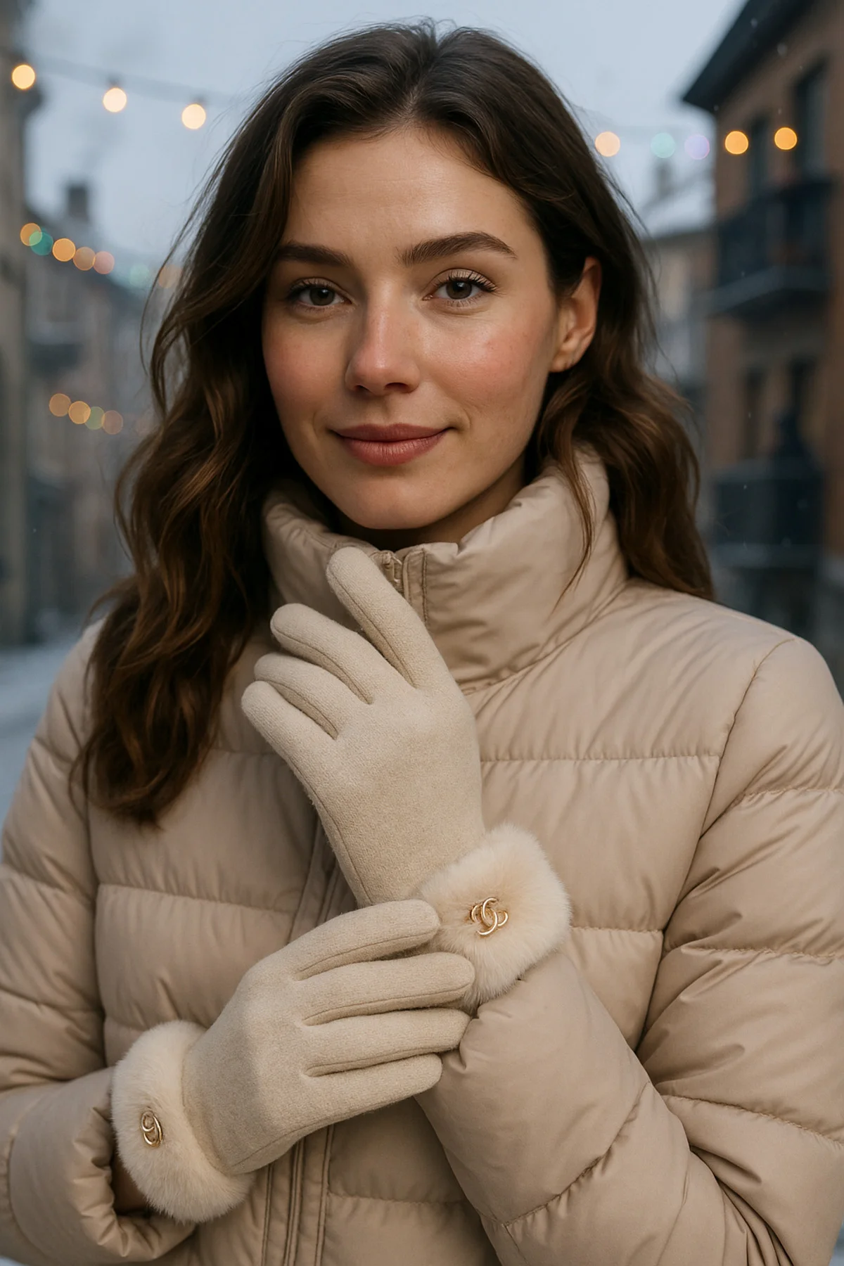 Kadın Bileği Kürklü Dokunmatik Bej Eldiven ELD29 - Luminos Butik Görsel 3