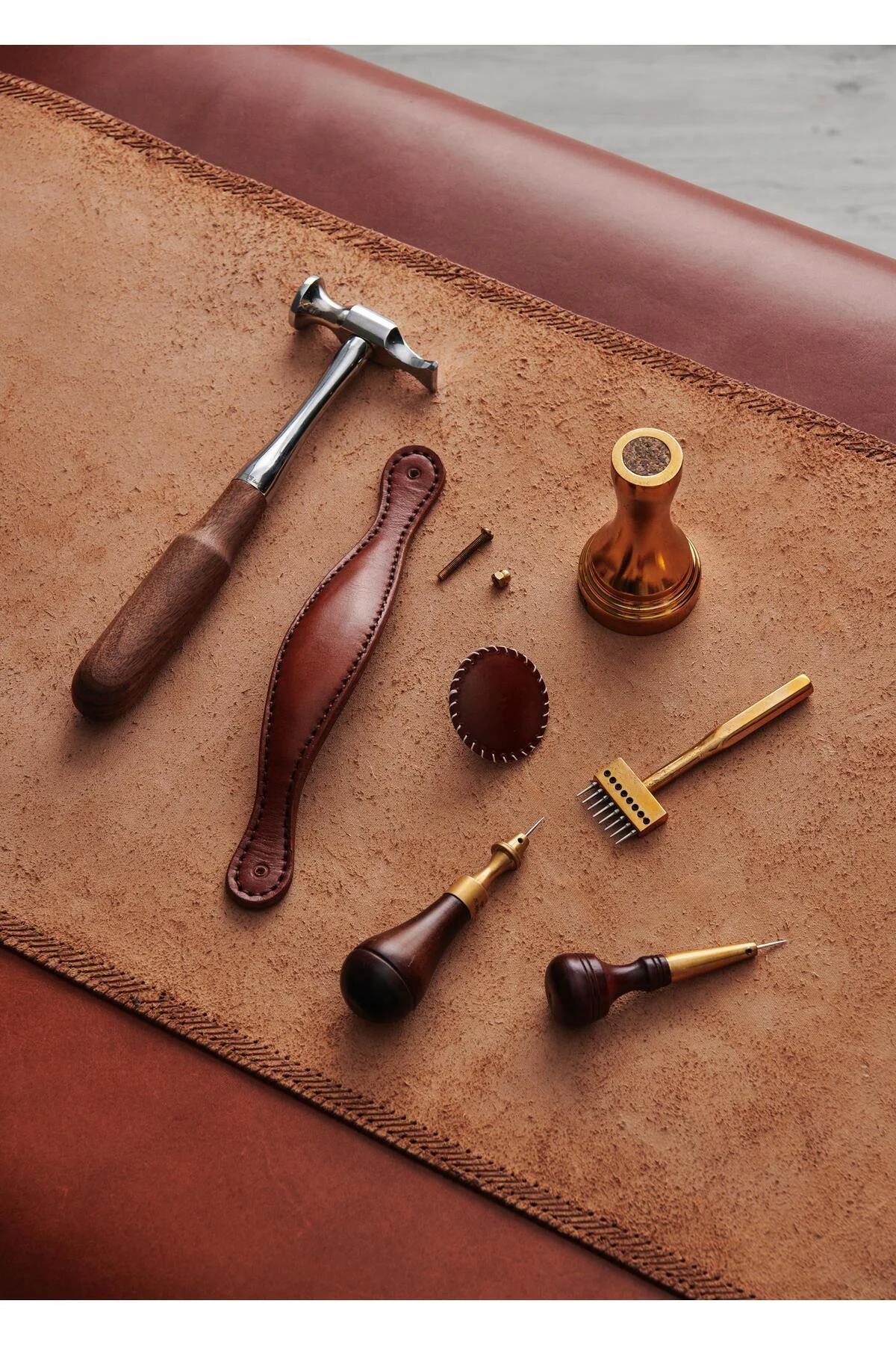 Lüks Deri Kulp - Yuvarlak Kahverengi Dikişli Mobilya Dolap Kapı Kulp - gardin leather Görsel 2