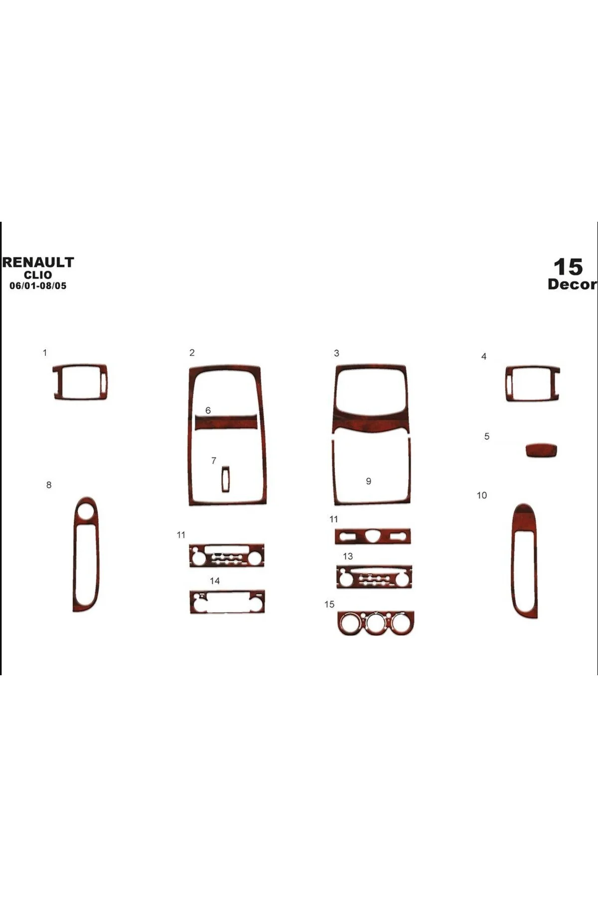 Clio 2001-2005 Uyumlu Ön Torpido Maun Kaplama (15 Parça)