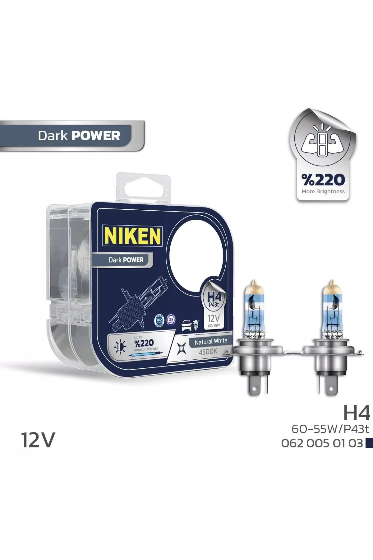 H4 12V 60/55W Halojen Ampul Dark Power P43t Gün Işığı