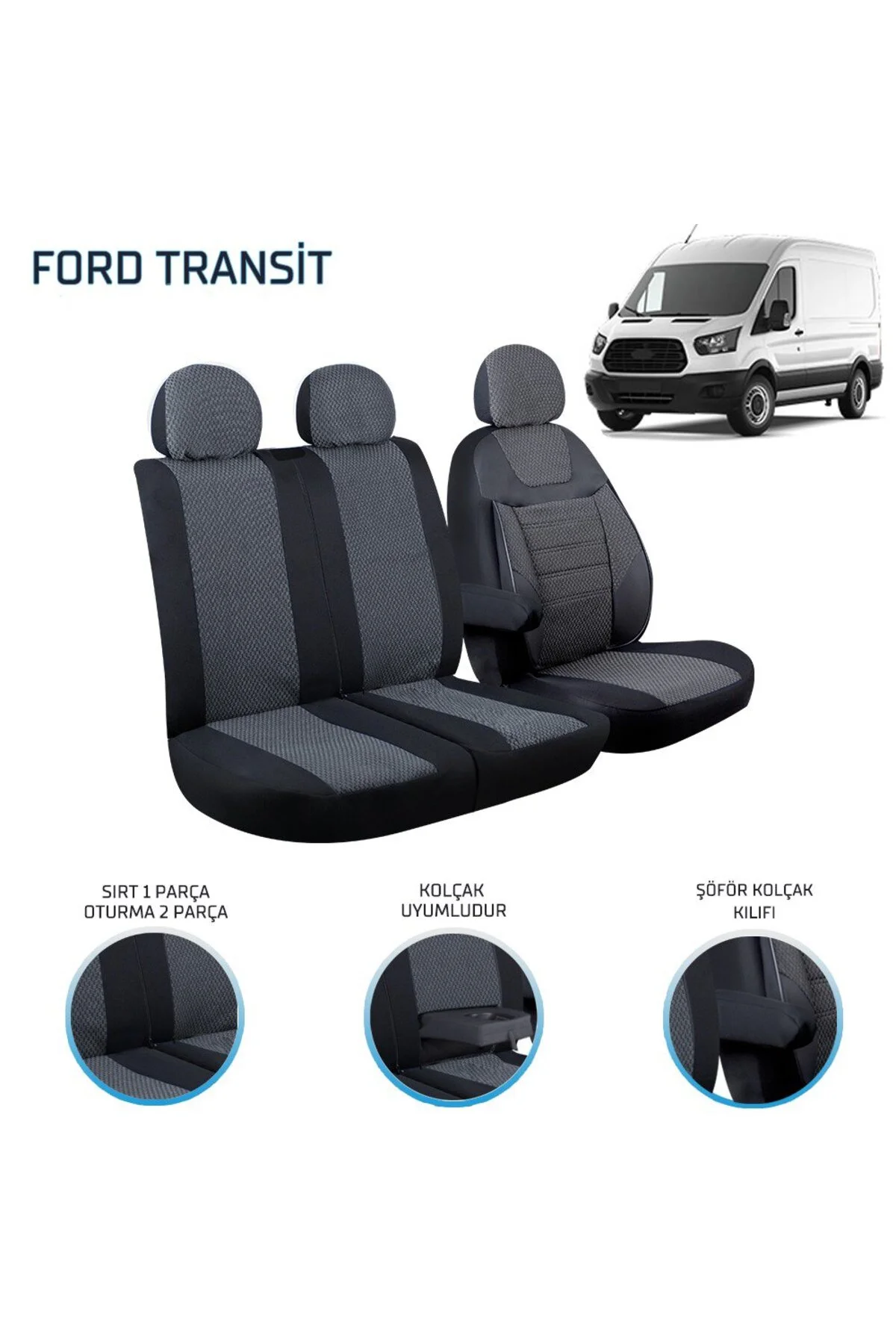 Ford Transit 2013 ve Sonrası 2+1 Ön Koltuk Kılıf Seti Füme - crt Görsel 3