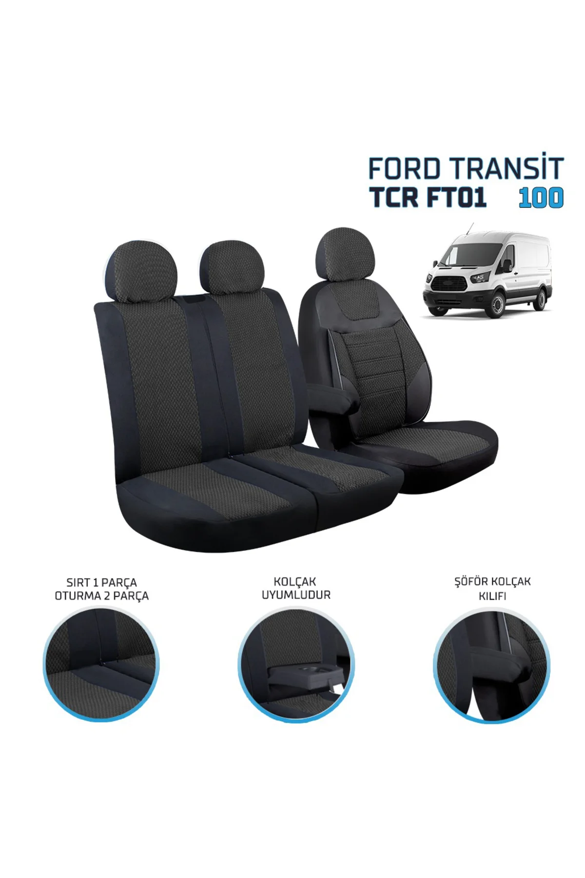 Ford Transit 2013 ve Sonrası 2+1 Ön Koltuk Kılıf Seti Siyah - crt Görsel 4