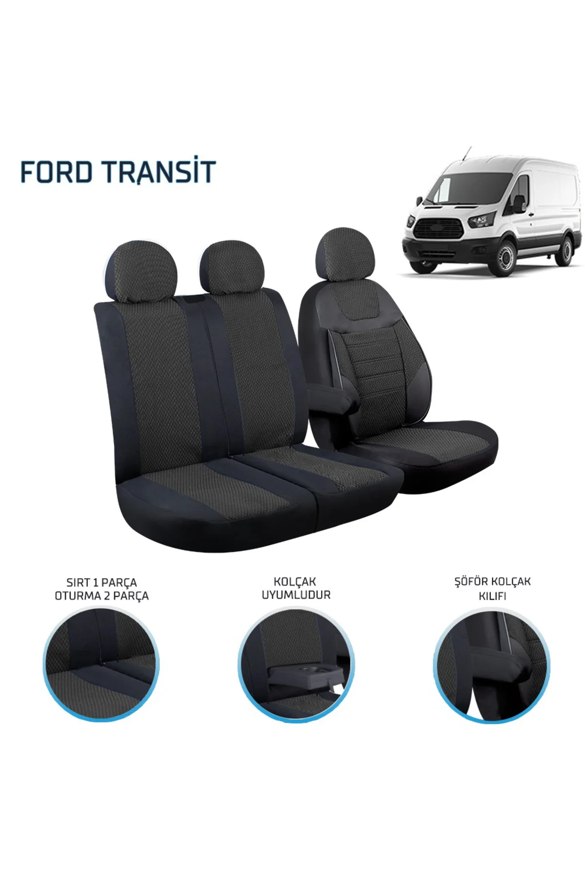Ford Transit 2013 ve Sonrası 2+1 Ön Koltuk Kılıf Seti Siyah - crt Görsel 3