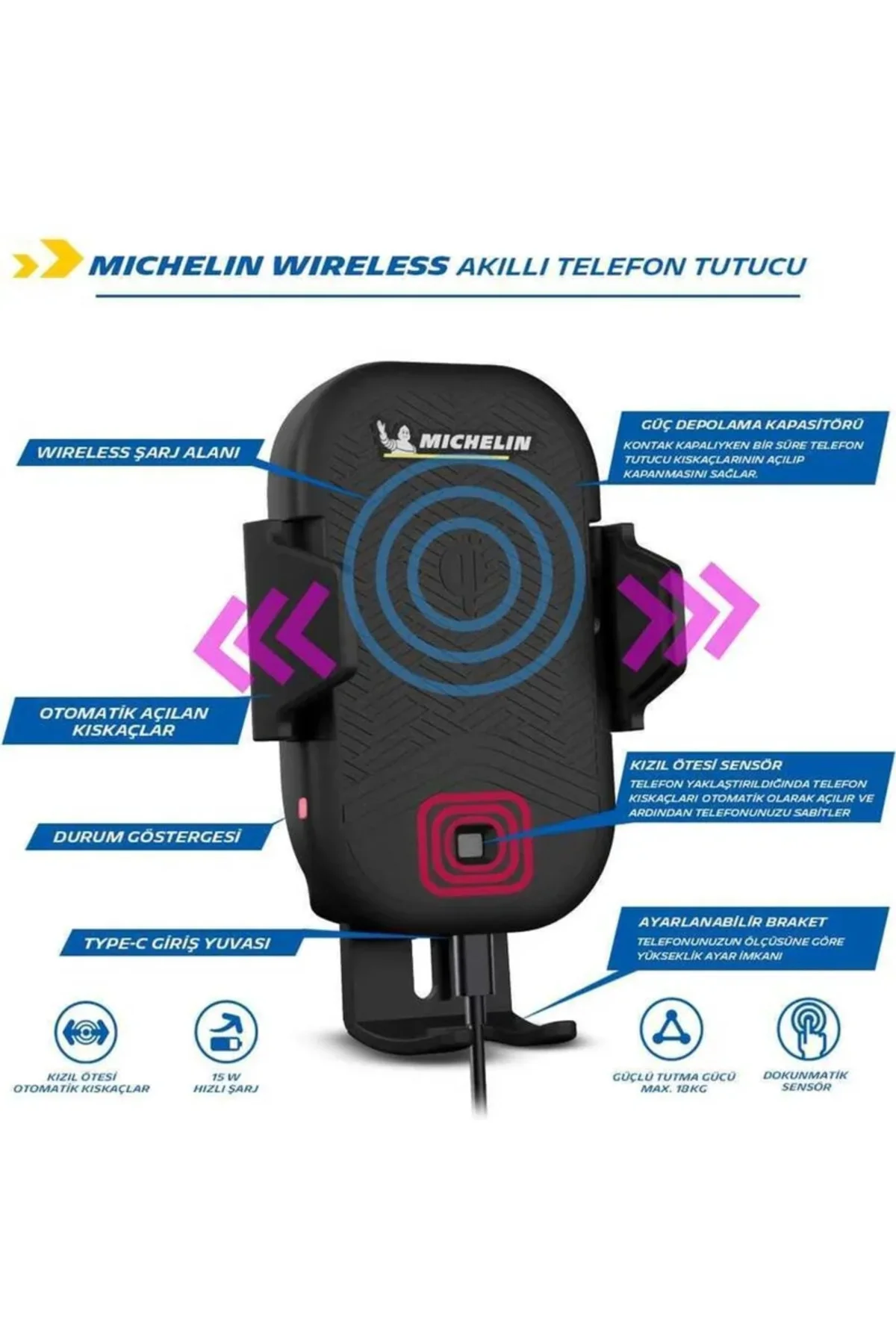 Wireless Telefon Şarj Cihazı Ve Dokunmatik Akıllı Telefon Tutucu - Michelin Görsel 6