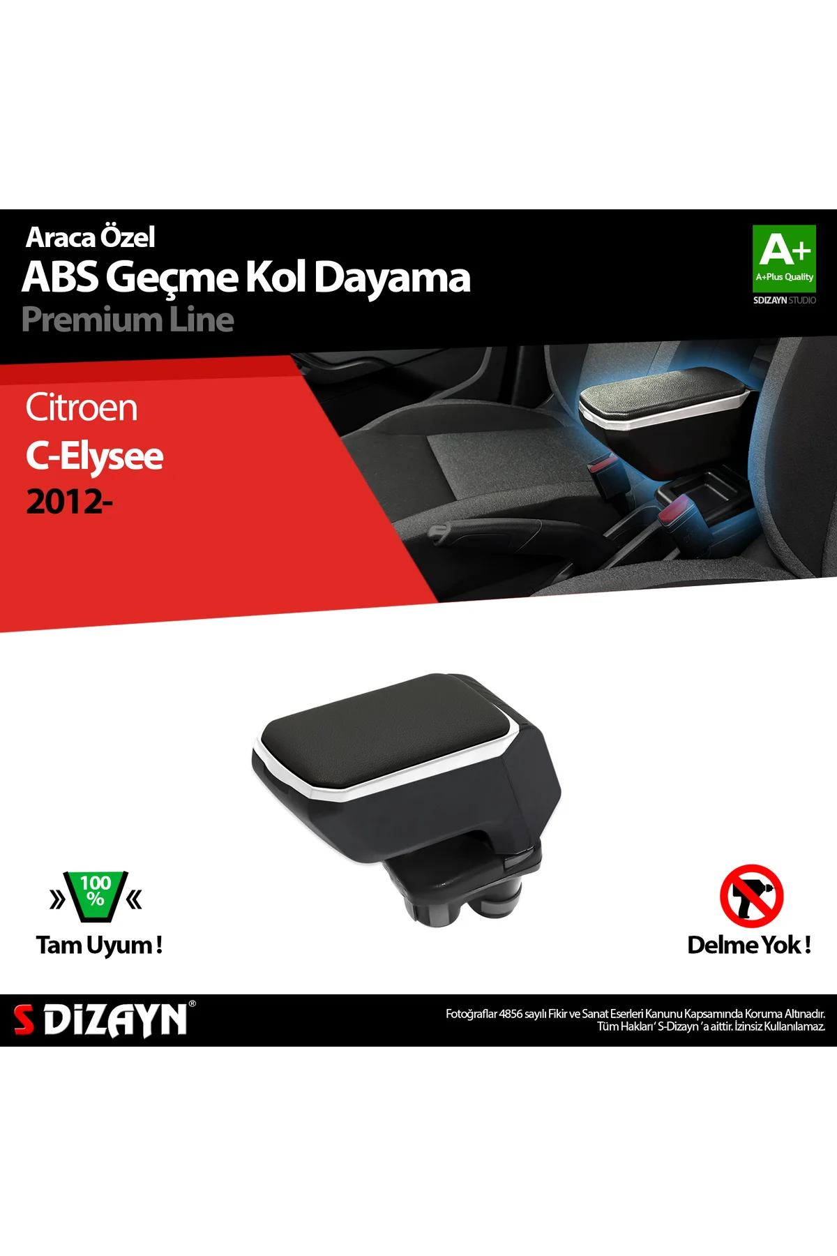 S-Dizayn Citroen C-Elysee Kol Dayama Kolçak Geçmeli ABS Gri 2012-2017 A+Kalite KLC-GC-GR-5501