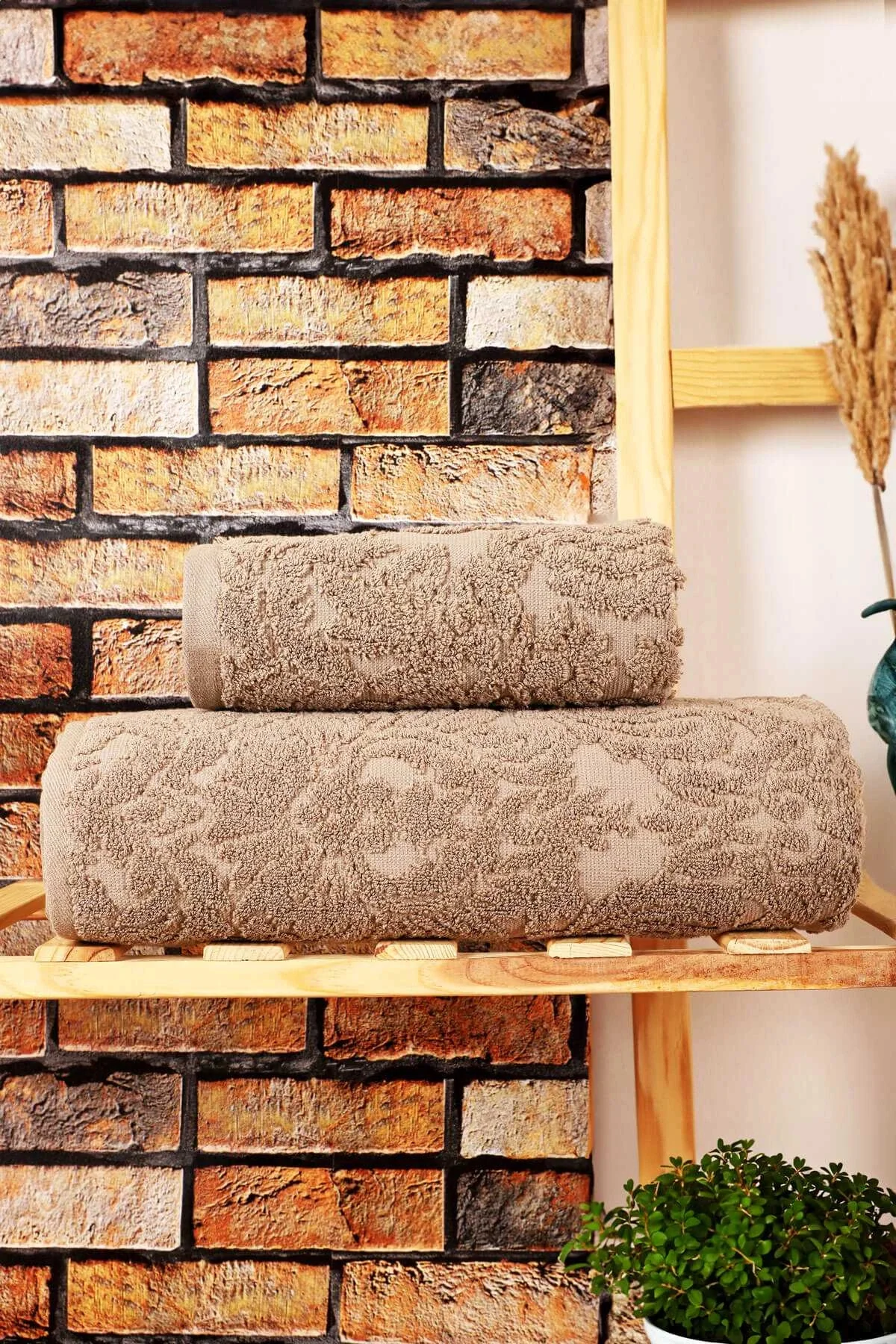 2 Parça Jakarlı Banyo Havlu Takımı Doku Desen Kahve