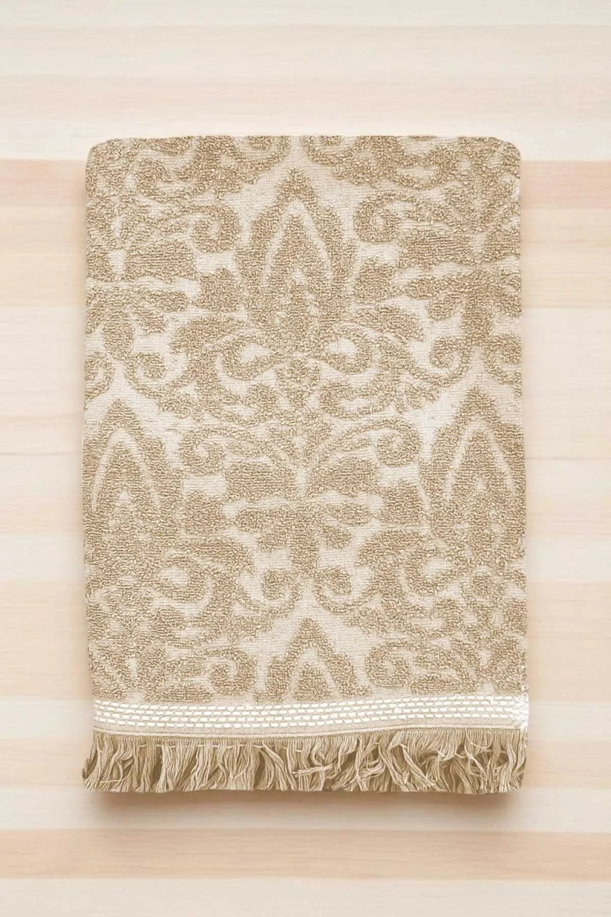 2 Parça Jakarlı Banyo Havlu Takımı %100 Pamuklu 90x150 Cm Arden Bej - Mira Home Görsel 2
