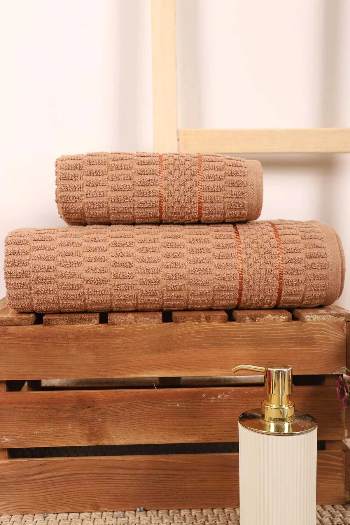 2 Parça Banyo Havlu Takımı %100 Pamuklu Çubuk Desen Kahverengi