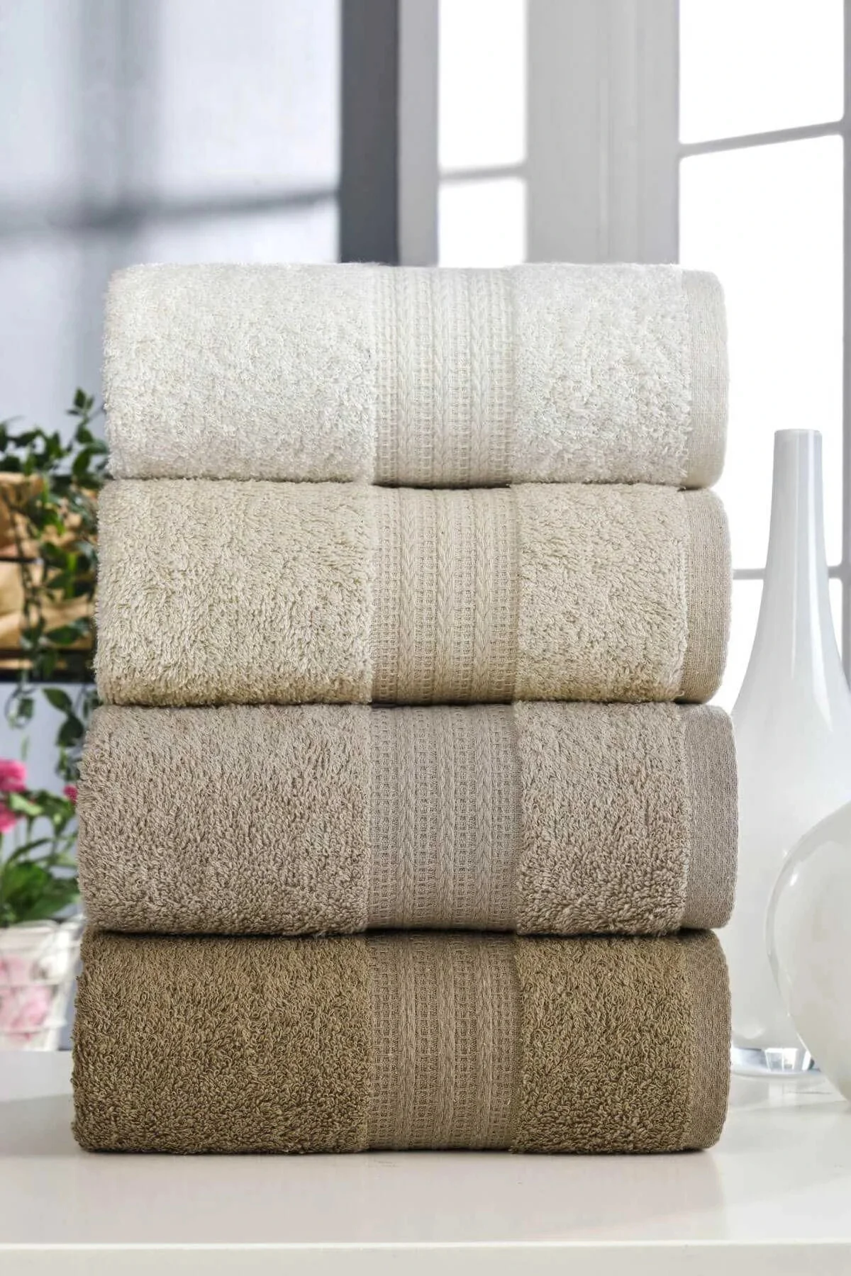 4 Lü El Yüz Havlu Seti %100 Pamuklu Gökkuşağı 50x85 Cm Kahve