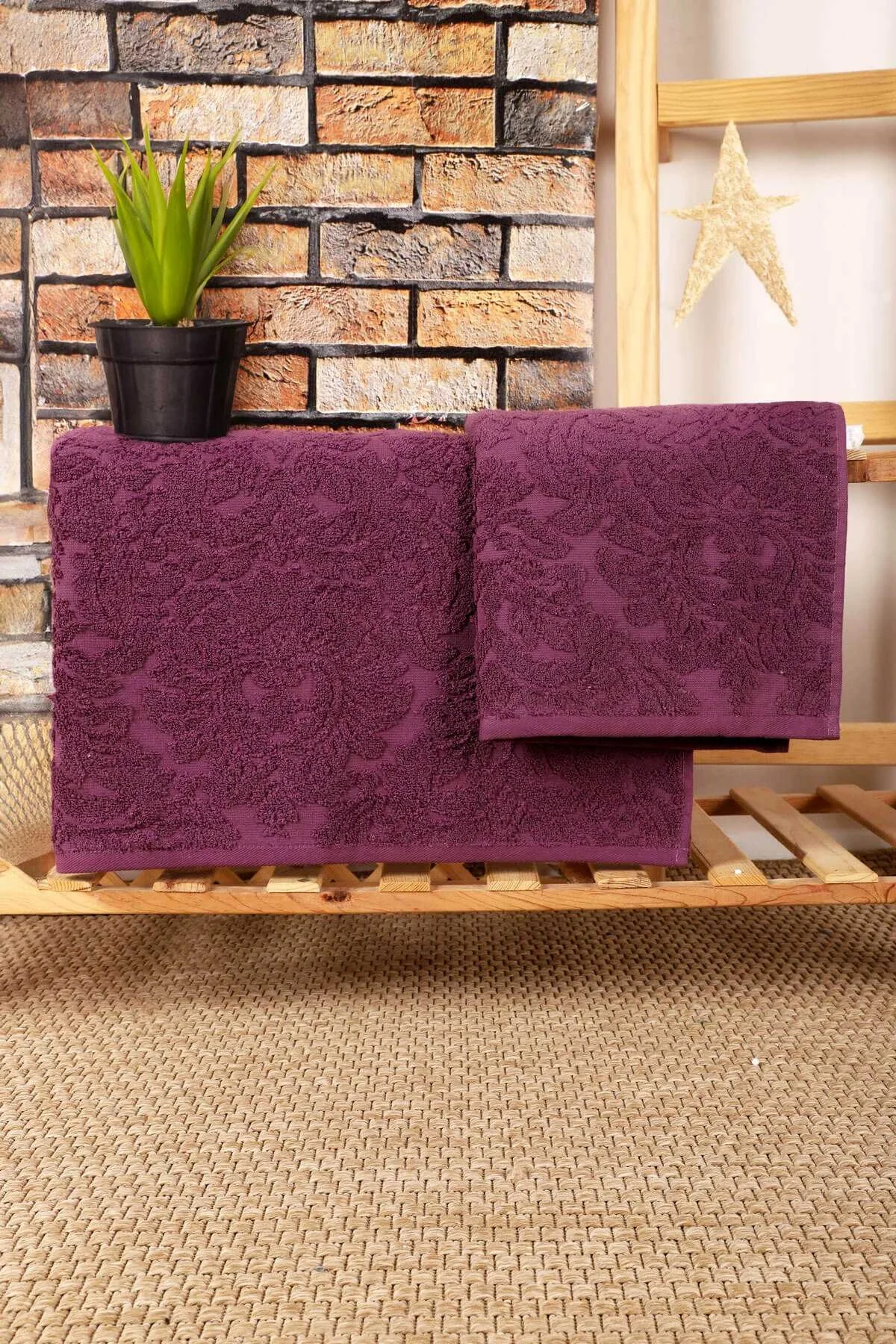 2 Parça Jakarlı Banyo Havlu Takımı Doku Desen Mor - Mira Home Görsel 2