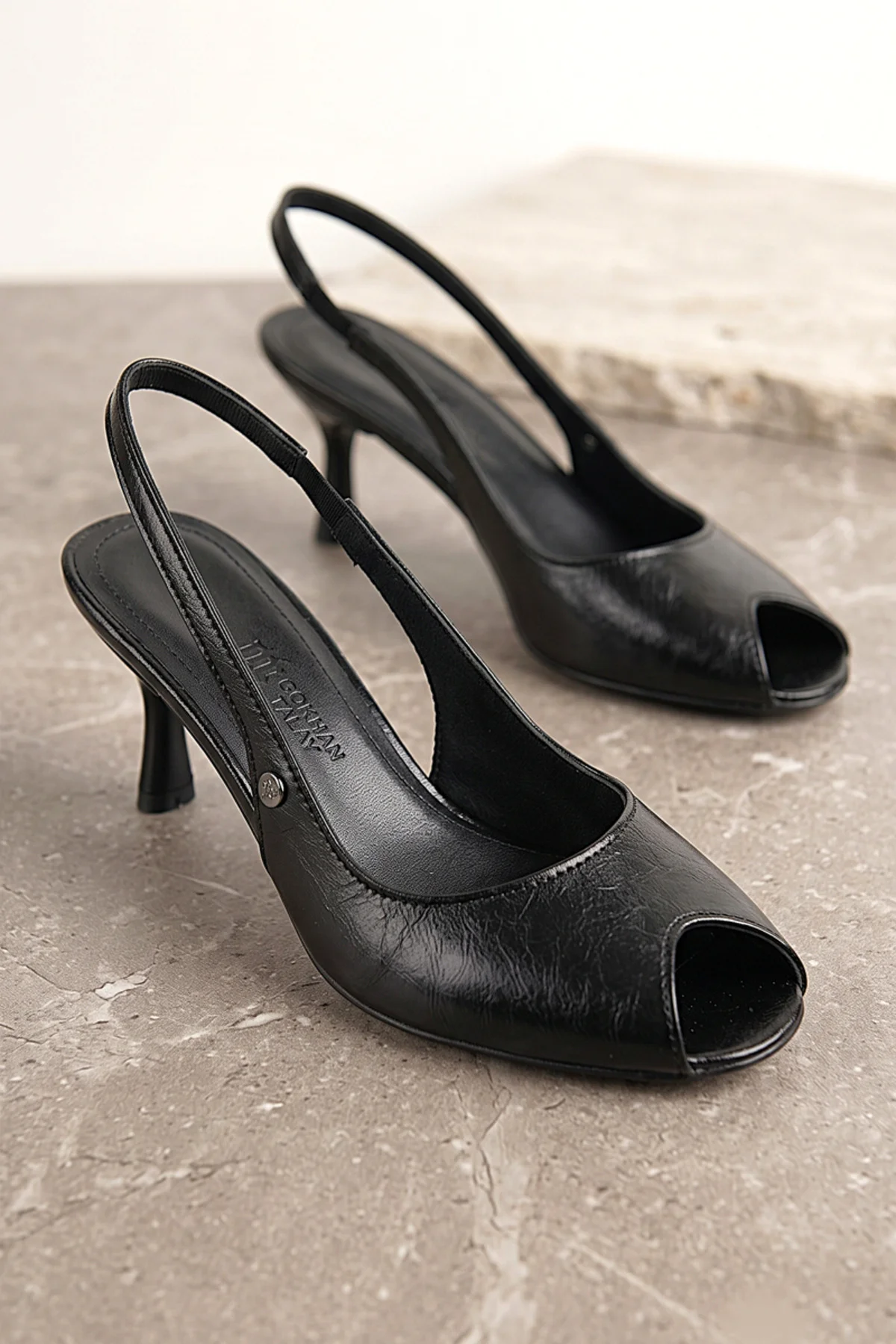 Calvera Peep Toe Fındık Burun (4/6 cm) Siyah Rugan Kadın Topuklu Ayakkabı - Gökhan Talay Görsel 2