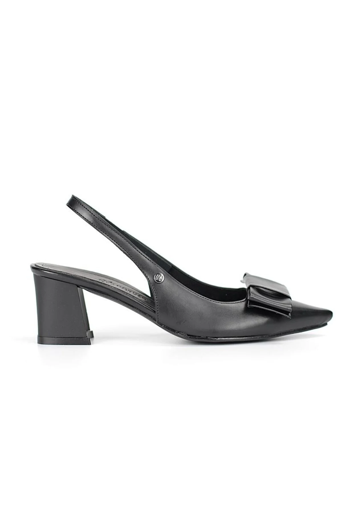 Nira Esnek Yumuşak Kaymaz Taban (4/6 cm) Siyah Cilt Açık Lastikli Kadın Kalın Topuklu Köşe Fiyonklu - Gökhan Talay Görsel 5