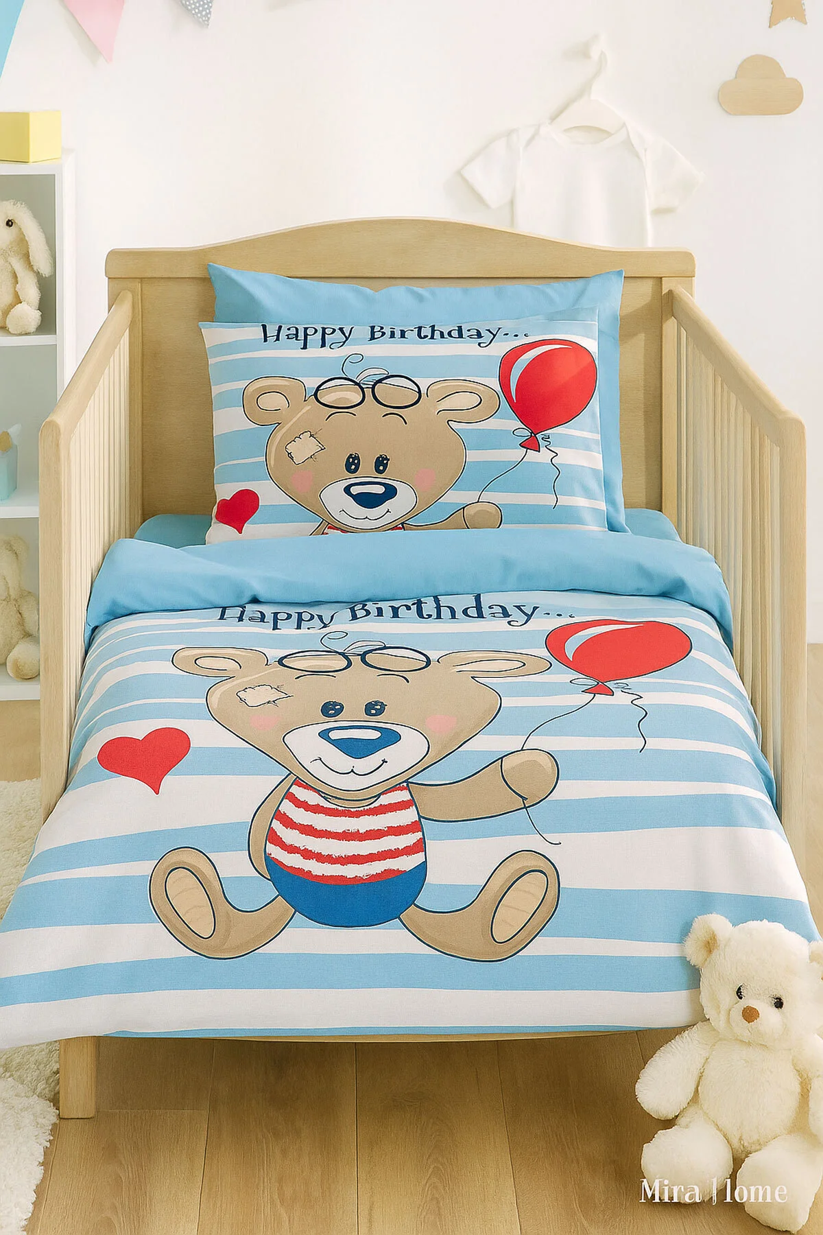 Yenidoğan Erkek Bebek Nevresim Takımı %100 Pamuklu Bear Baloon