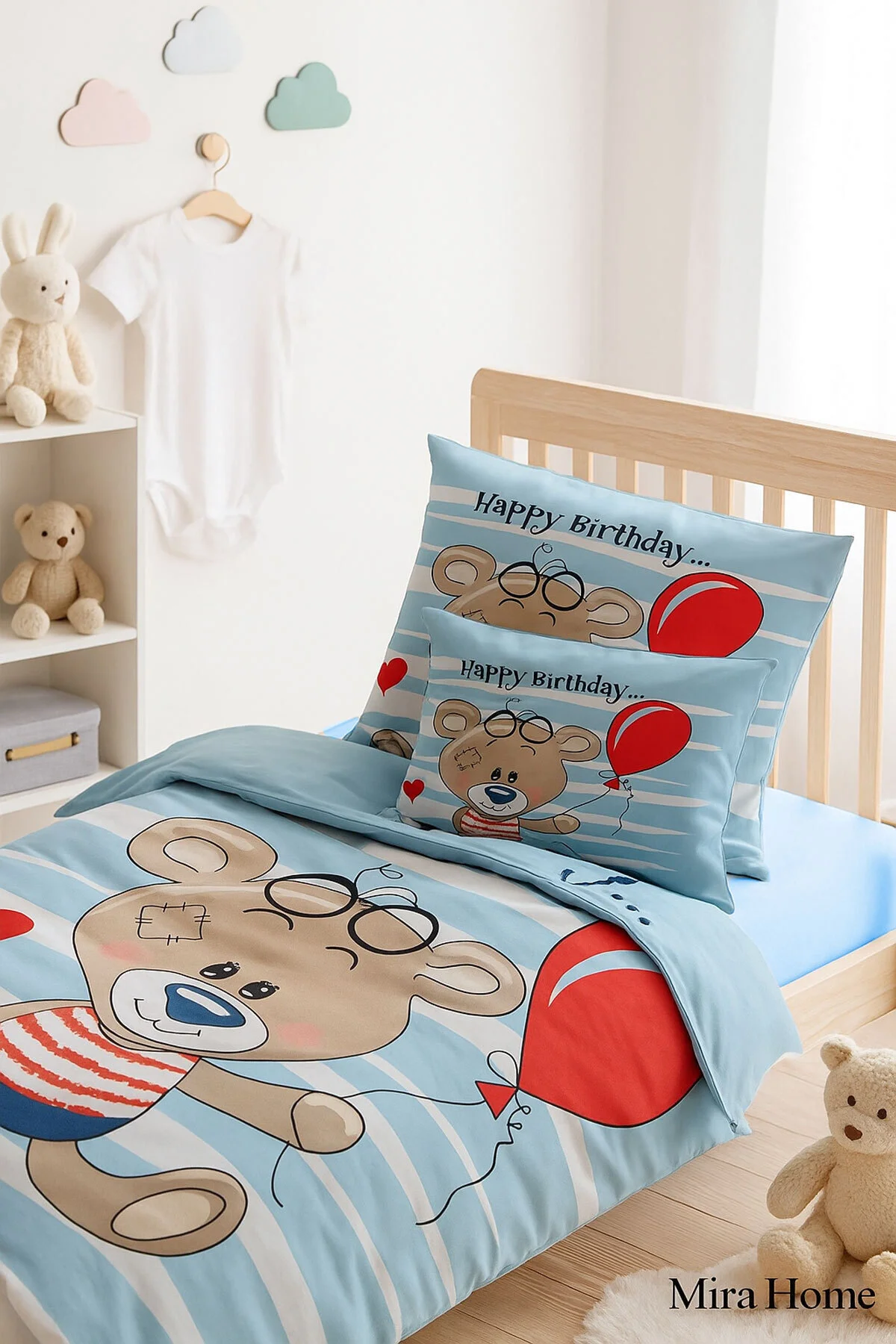 Yenidoğan Erkek Bebek Nevresim Takımı %100 Pamuklu Bear Baloon - Mira Home Görsel 2
