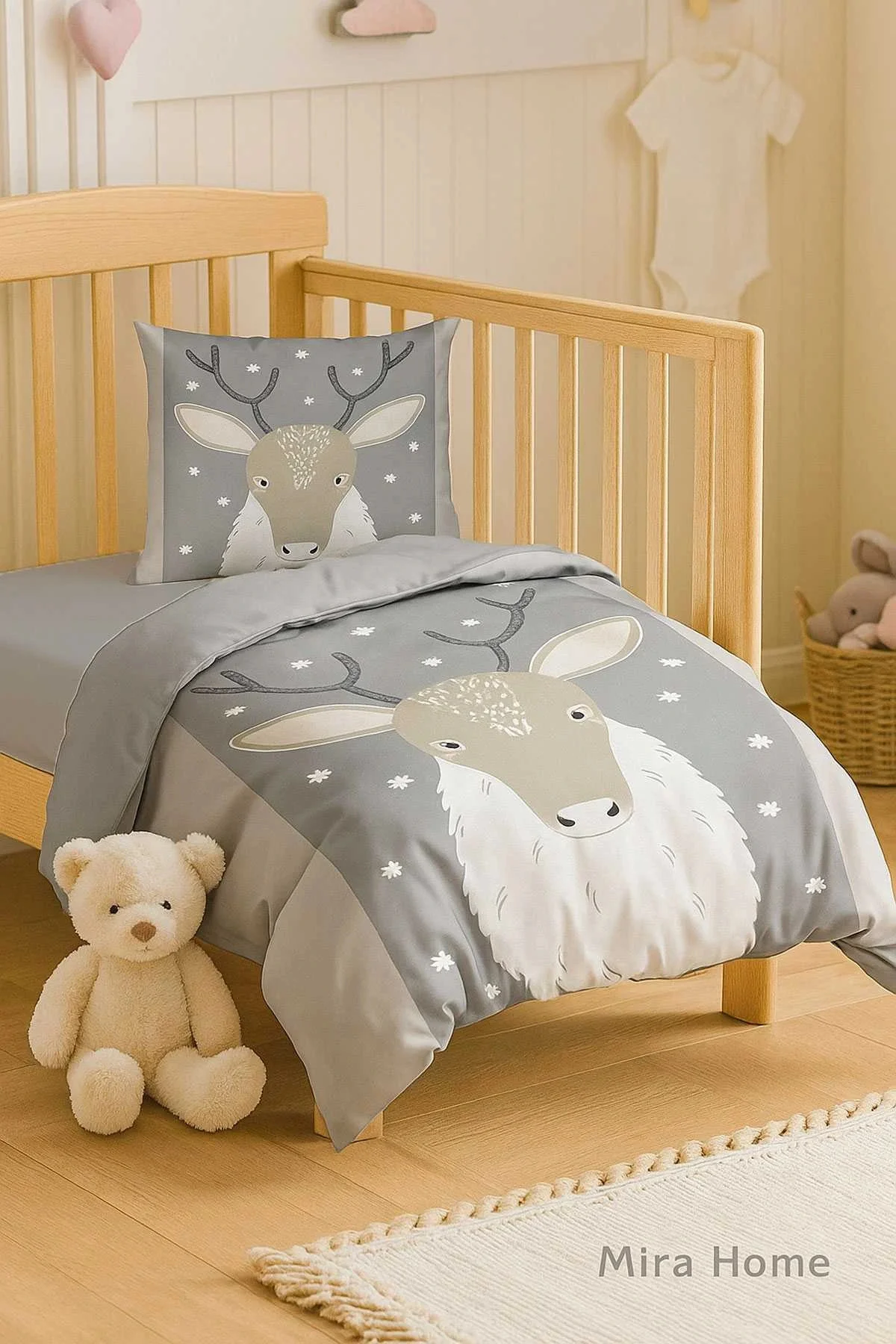 Yenidoğan Kız / Erkek Unisex Bebek Nevresim Takımı %100 Pamuklu Geyik - Mira Home Görsel 3