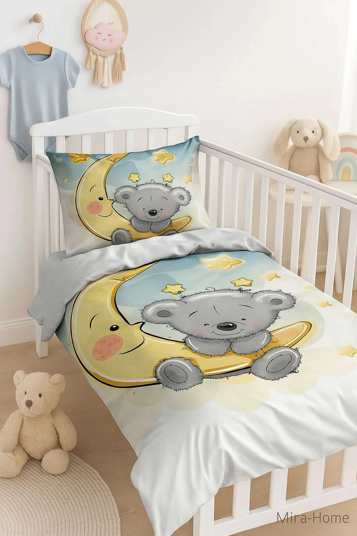 Yenidoğan Kız / Erkek Unisex Bebek Nevresim Takımı %100 Pamuklu Aydaki Ayıcık - Mira Home Görsel 3