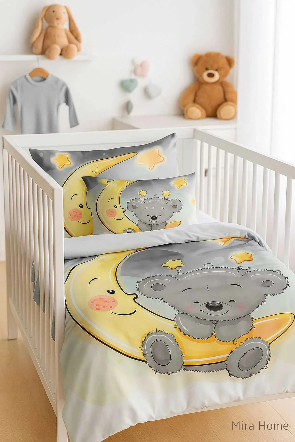 Yenidoğan Kız / Erkek Unisex Bebek Nevresim Takımı %100 Pamuklu Aydaki Ayıcık - Mira Home Görsel 2