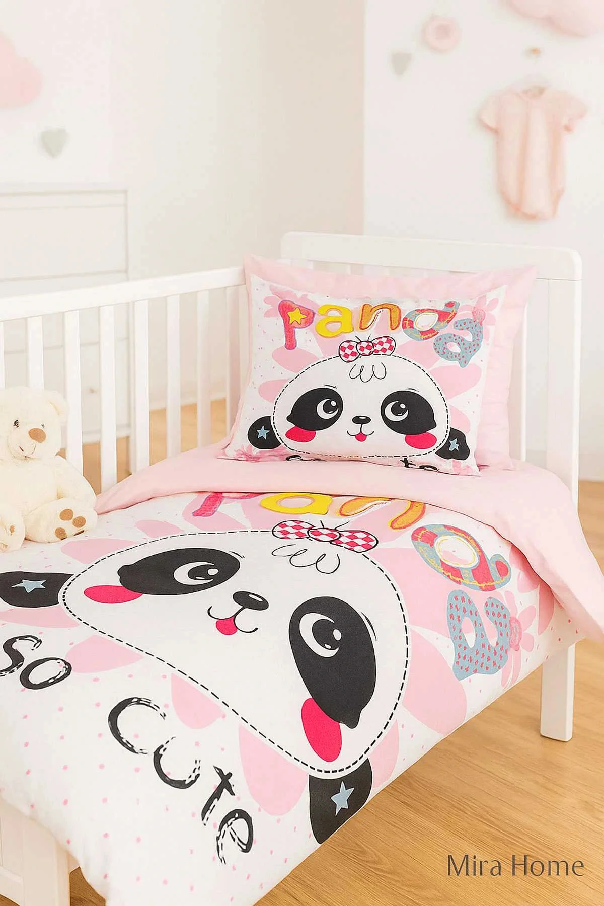 Yenidoğan Kız Bebek Nevresim Takımı %100 Pamuklu Panda So Cute - Mira Home Görsel 3