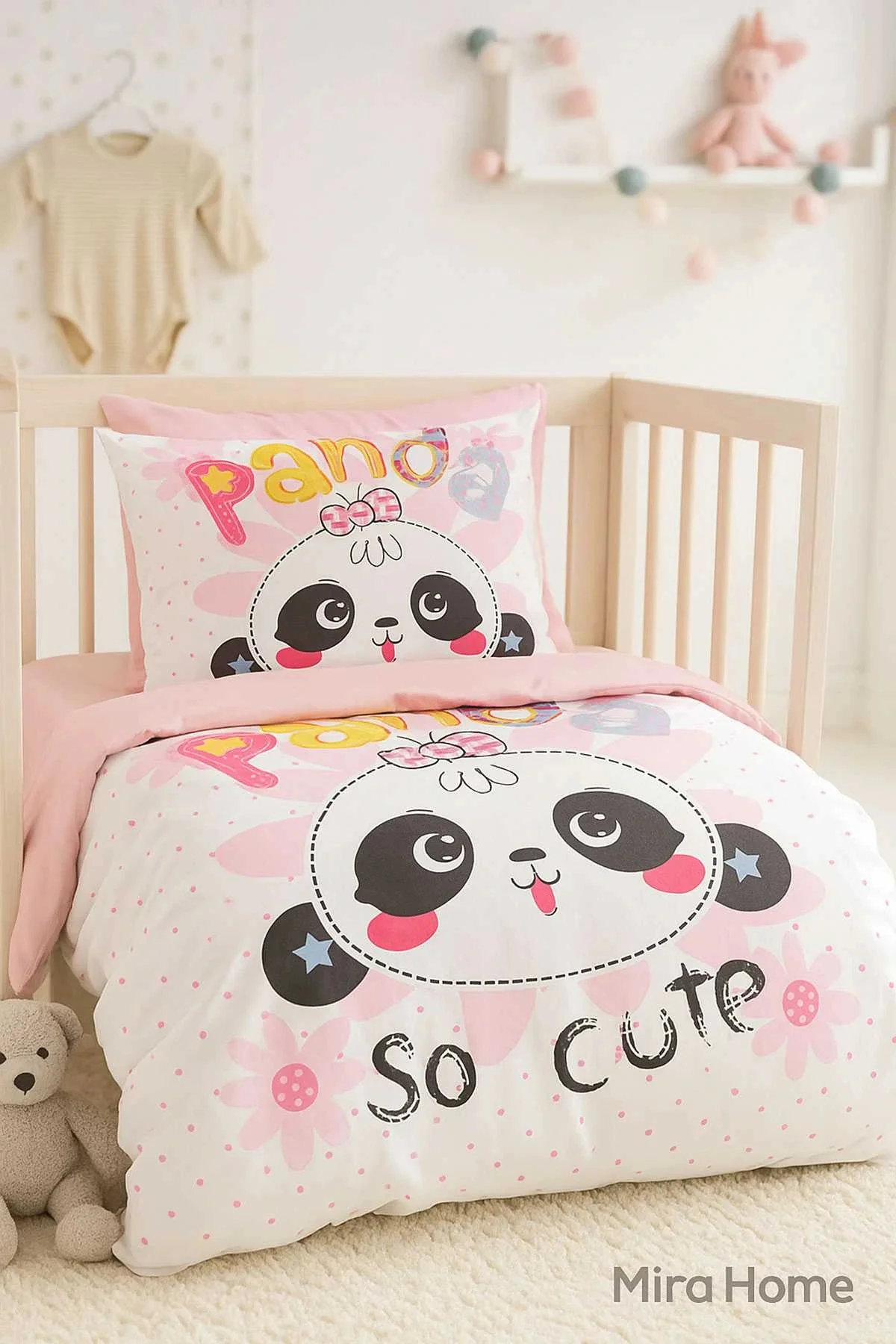Yenidoğan Kız Bebek Nevresim Takımı %100 Pamuklu Panda So Cute - Mira Home Görsel 2