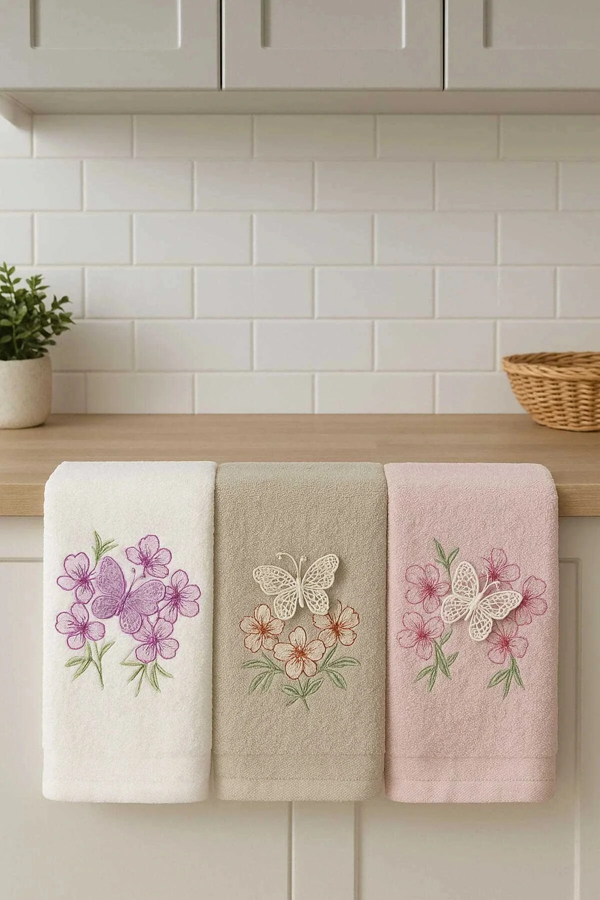 3lü Lüks Mutfak El Havlusu Seti 3D Kelebek Aplikeli 30x50 Cm - Mira Home Görsel 4