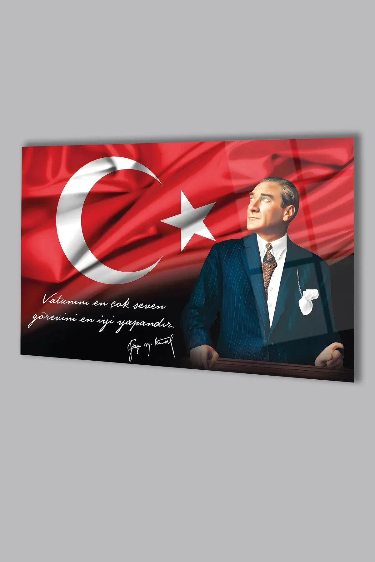 Atatürk Portre ve Türk Bayrağı Vatanını En Çok Seven Görevini En İyi Yapandır Cam Tablo, Hediyelik - BYCAGRİ Görsel 2