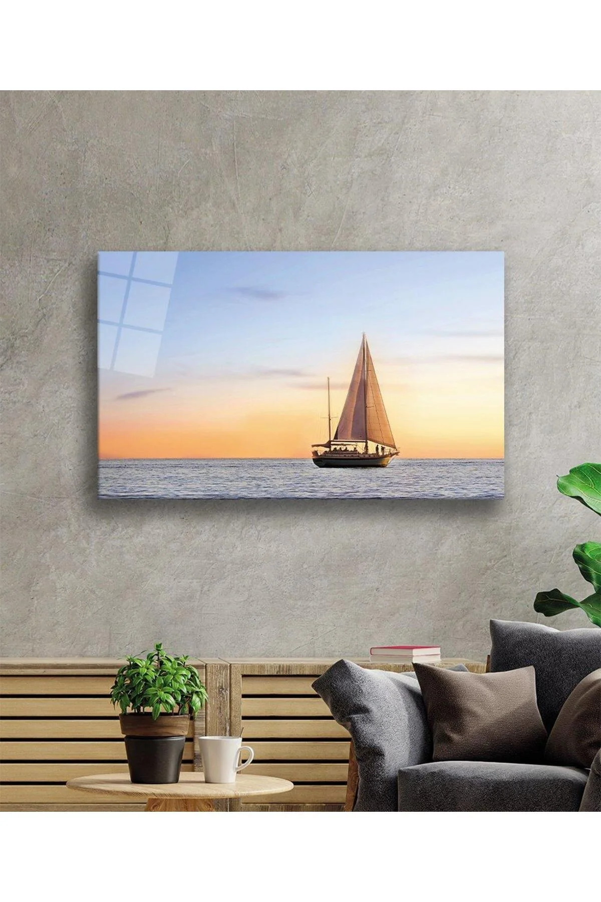 Gün Batımı Deniz Yelken Cam Tablo 4mm Dayanıklı Temperli Cam Sunset Sea Sail Glass Wall Art - BYCAGRİ Görsel 2