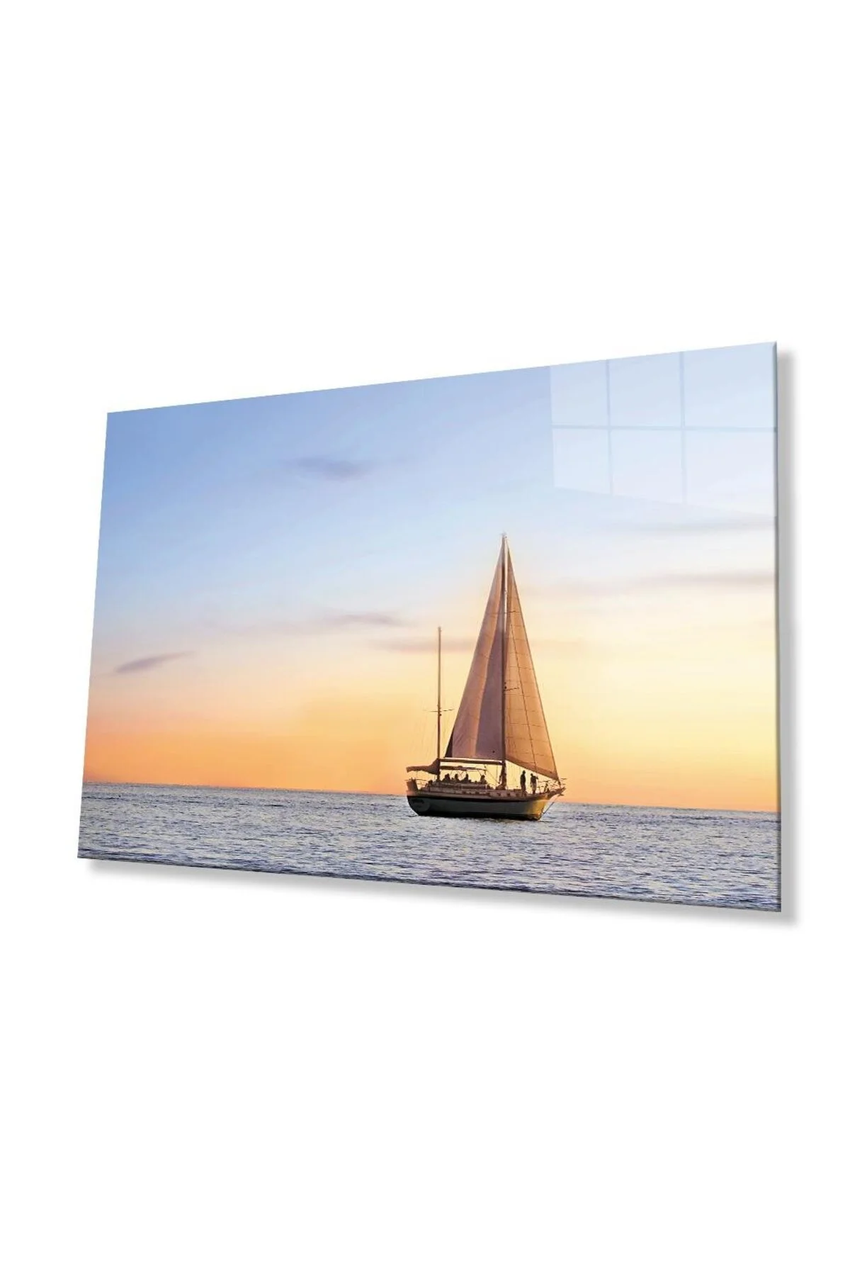 Gün Batımı Deniz Yelken Cam Tablo 4mm Dayanıklı Temperli Cam Sunset Sea Sail Glass Wall Art