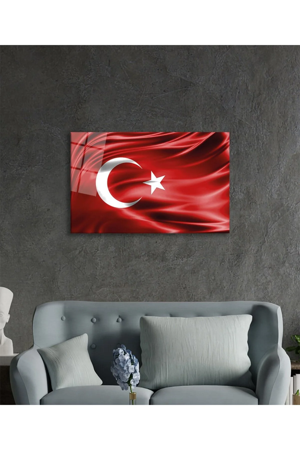 YB HG Kırmızı Dalgalı Türk Bayrağı Cam Tablo Ev ve Ofis Duvar Dekoru - Yarımada Bahçe Görsel 3