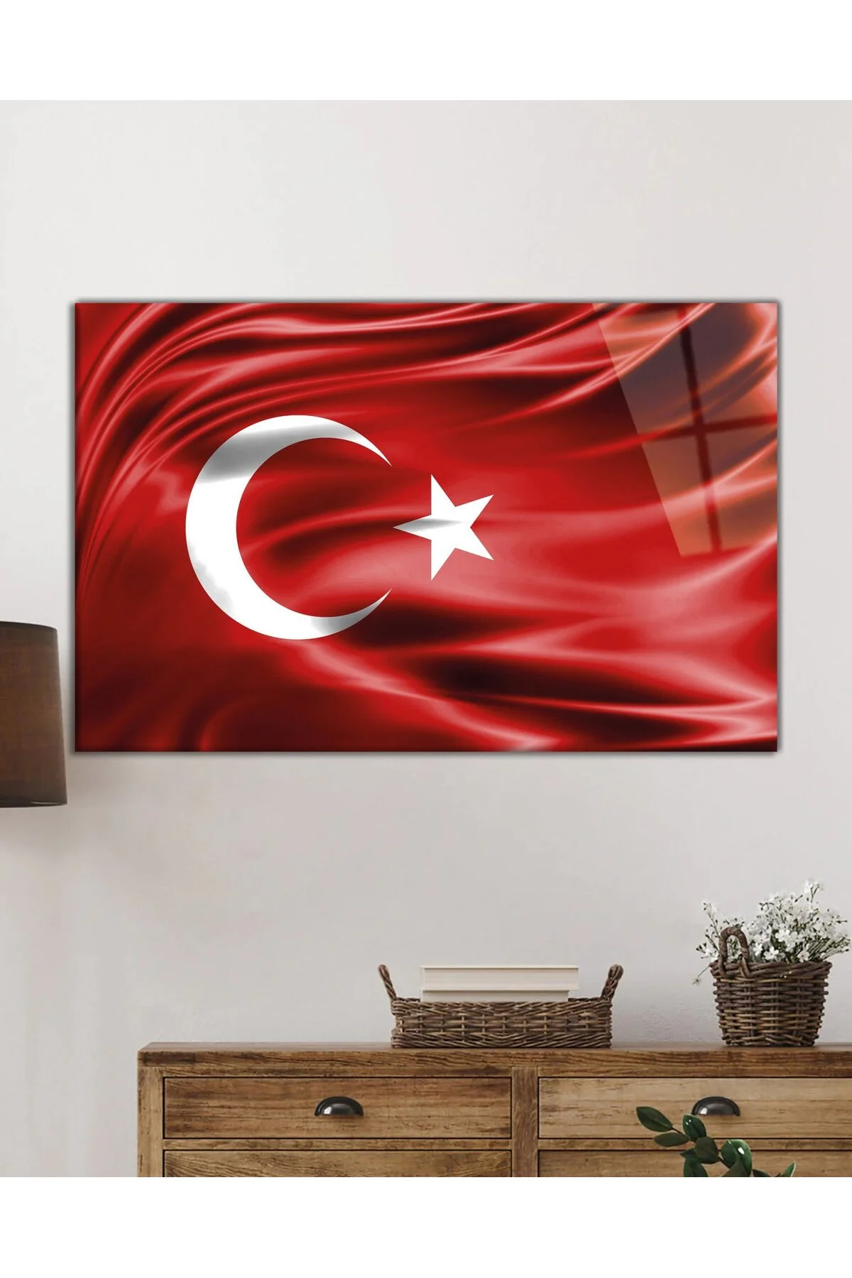 YB HG Kırmızı Dalgalı Türk Bayrağı Cam Tablo Ev ve Ofis Duvar Dekoru - Yarımada Bahçe Görsel 2
