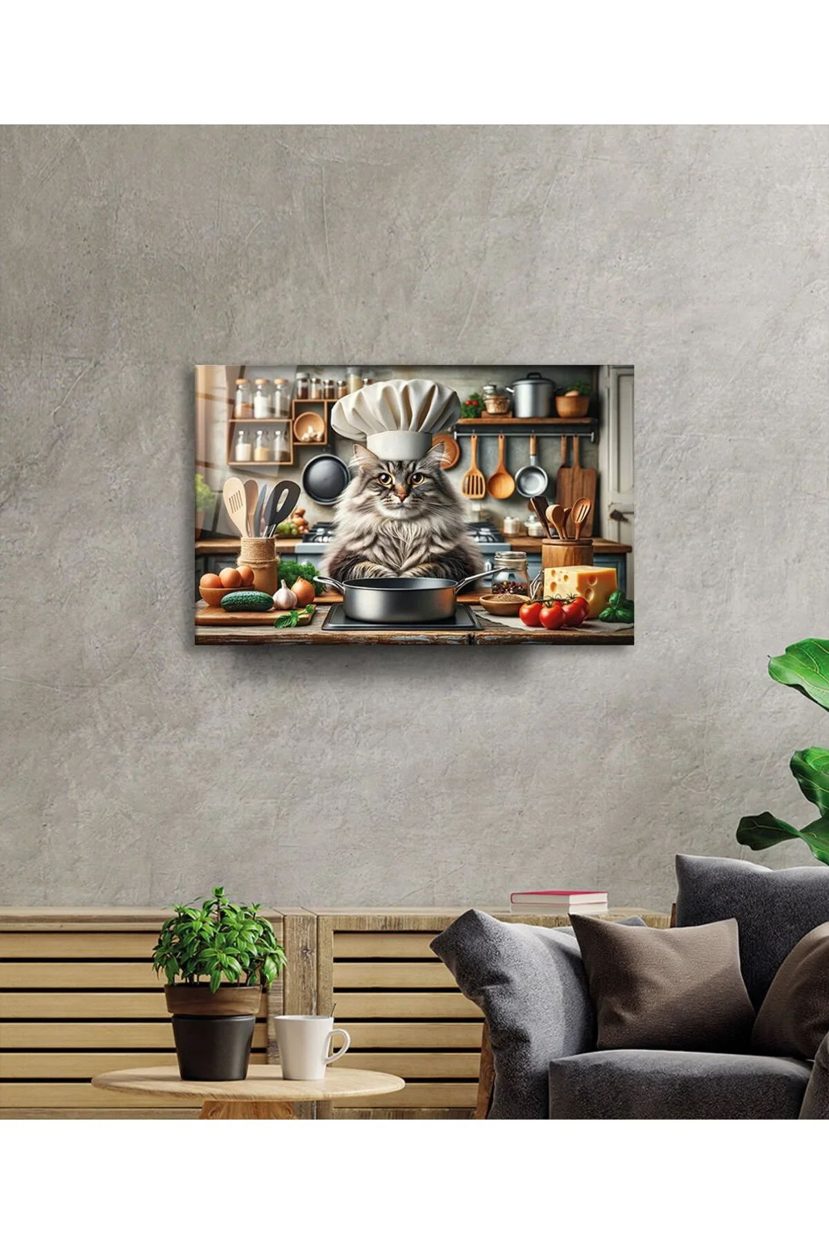 Mutfakta Usta Şef Kedi'nin Ziyafeti Cam Tablo Yapay Zeka Hediyelik Büyük Tablo Ev Ofis Dekoru - Leopar Art Görsel 3