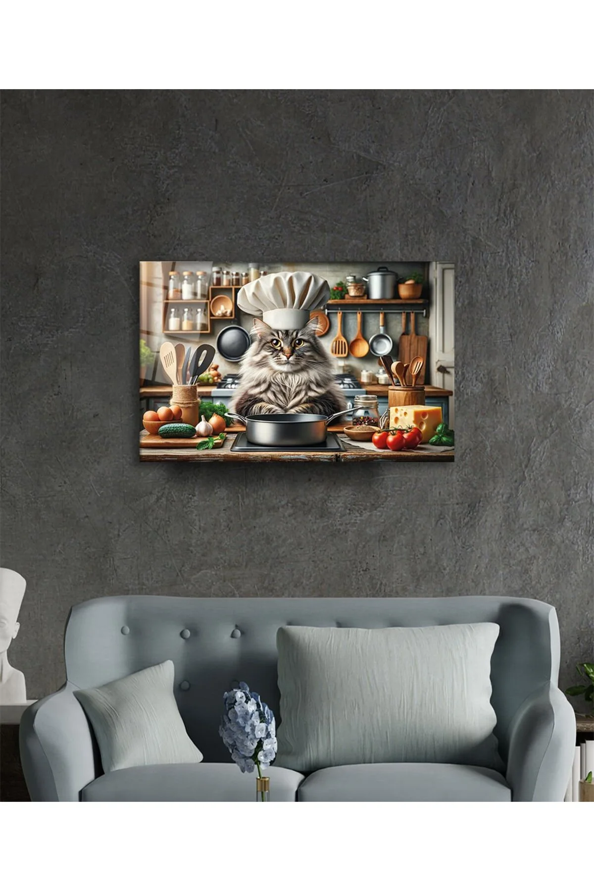 Mutfakta Usta Şef Kedi'nin Ziyafeti Cam Tablo Yapay Zeka Hediyelik Büyük Tablo Ev Ofis Dekoru - Leopar Art Görsel 2