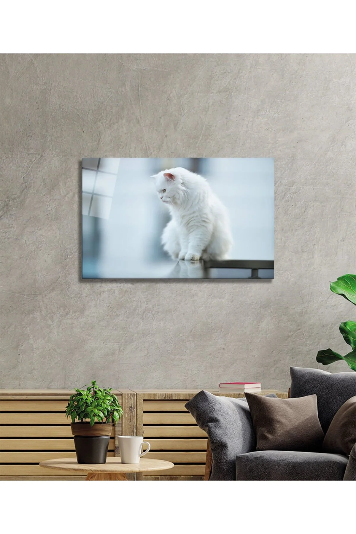 Beyaz Kedi Cam Tablo - BYCAGRİ Görsel 2