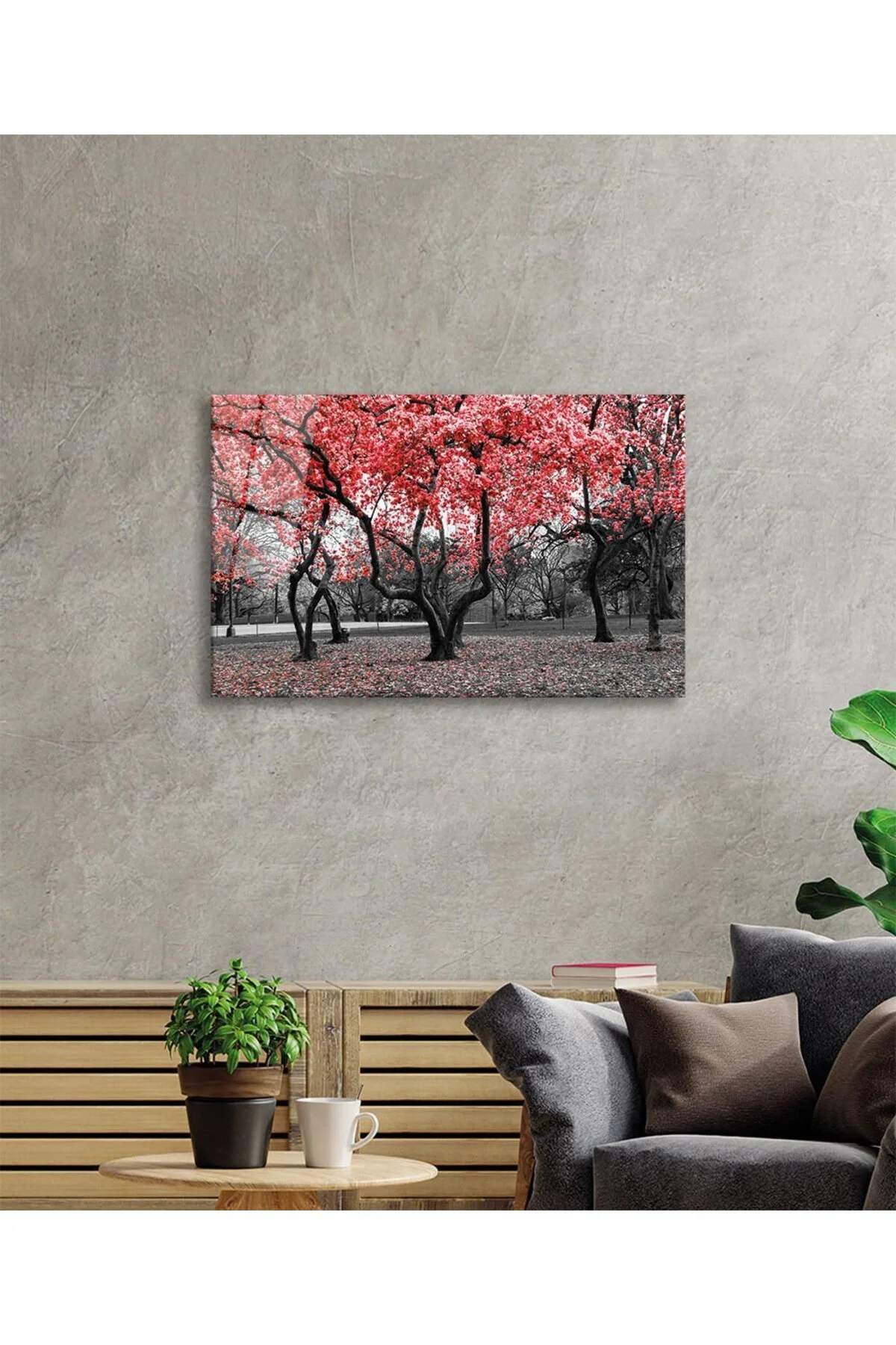 Kırmızı Ağaçlar Doğa Cam Tablo, Ev ve Ofis Duvar Dekoru, Hediyelik Büyük Temperli 4 mm Cam Tablo - bestdecor Görsel 2
