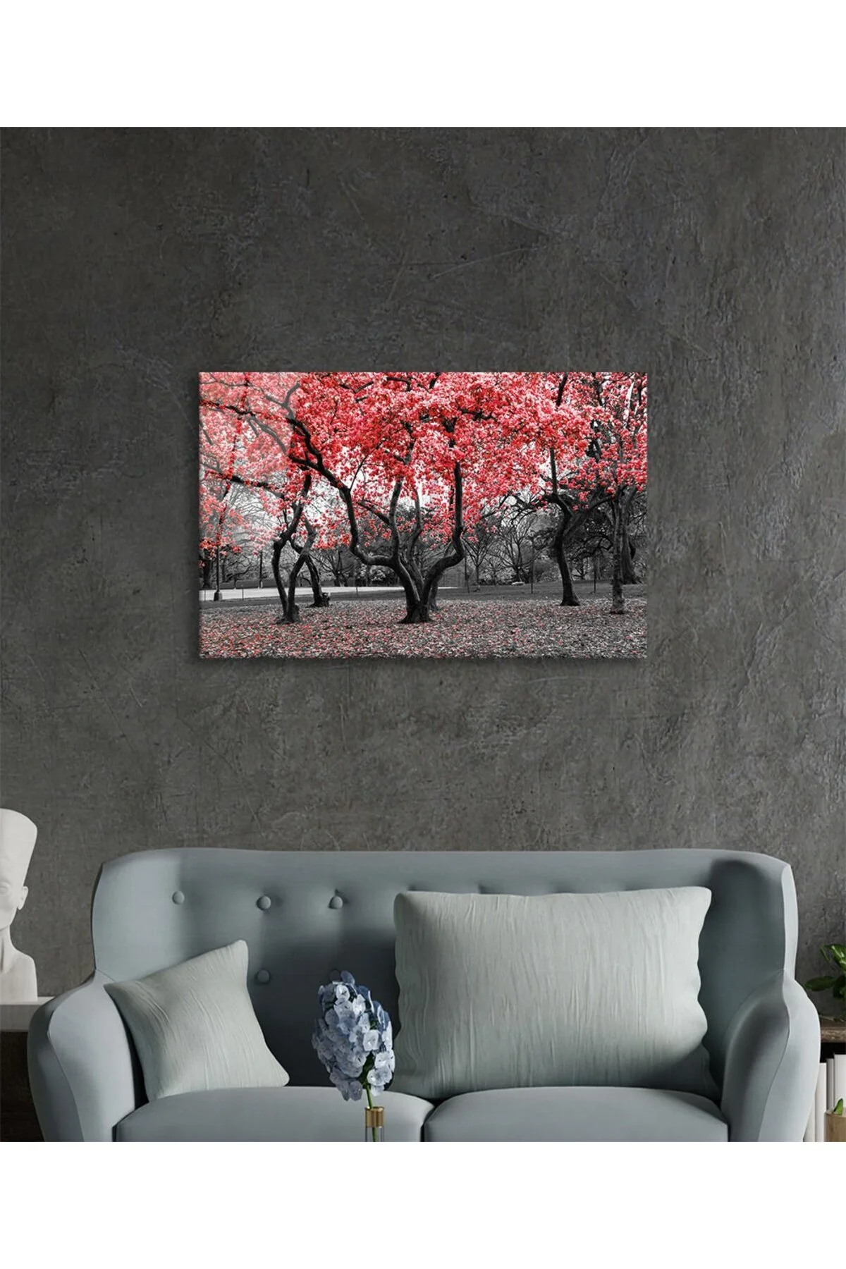 Kırmızı Ağaçlar Doğa Cam Tablo, Ev ve Ofis Duvar Dekoru, Hediyelik Büyük Temperli 4 mm Cam Tablo - bestdecor Görsel 3
