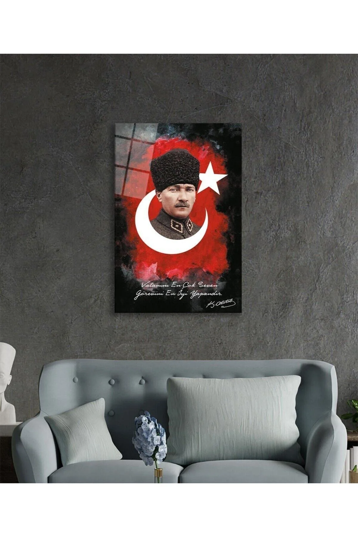 Vatanını En Çok Seven Görevini En İyi Yapandır Atatürk Türk Bayrağı Cam Tablo, Ev Ofis Duvar Dekoru - TRYNMAKE Görsel 3