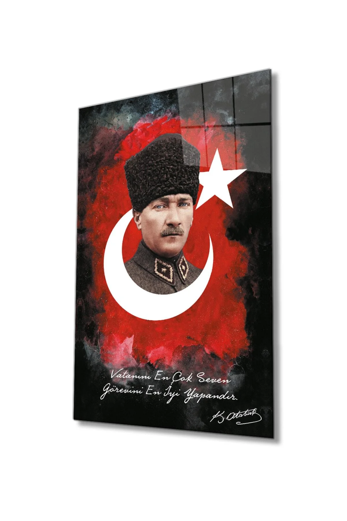 Vatanını En Çok Seven Görevini En İyi Yapandır Atatürk Türk Bayrağı Cam Tablo, Ev Ofis Duvar Dekoru