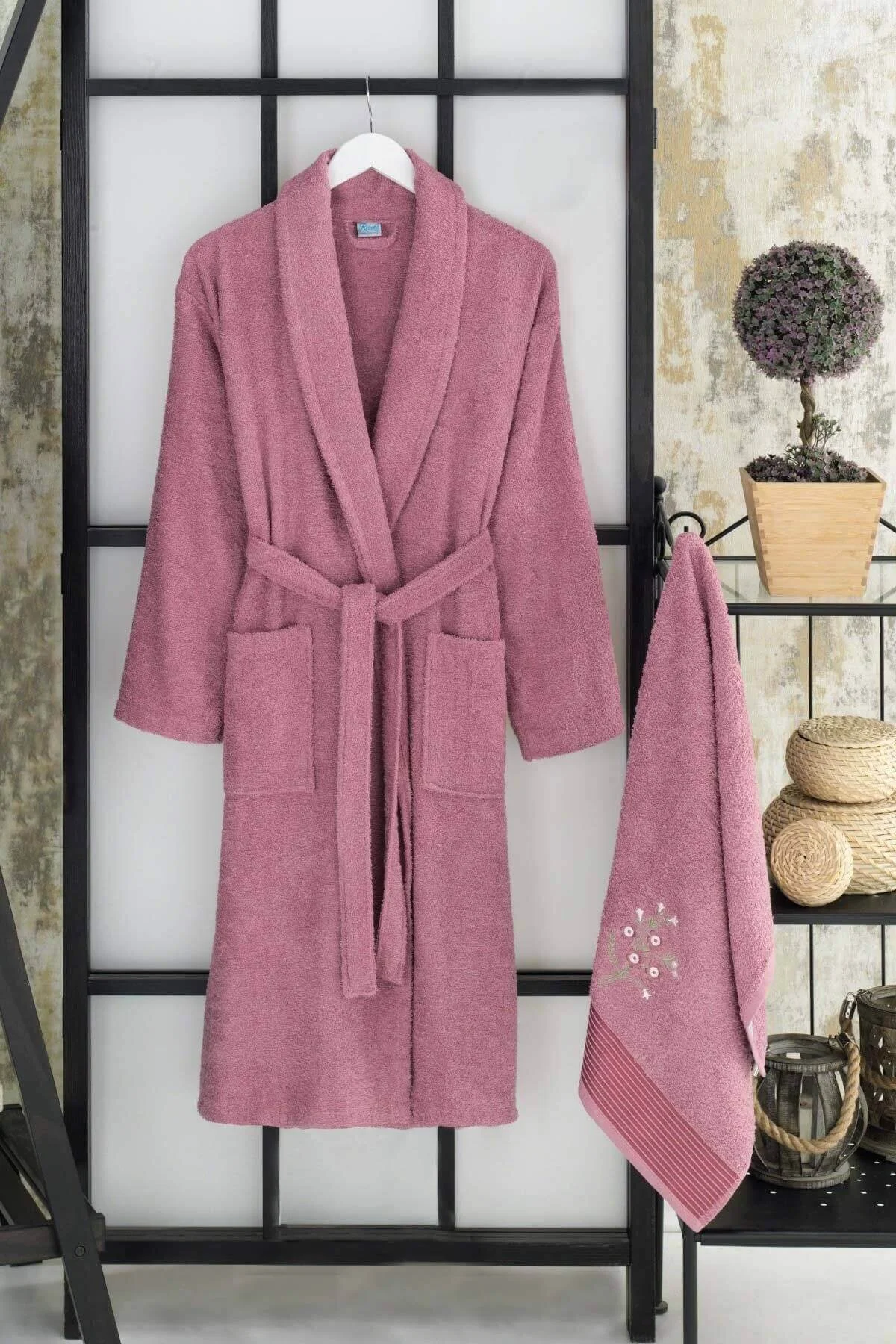 Şal Yaka Kadın Erkek Pamuklu Havlulu Banyo Bornoz Takımı L/xl Mürdüm - horussweetshop Görsel 3