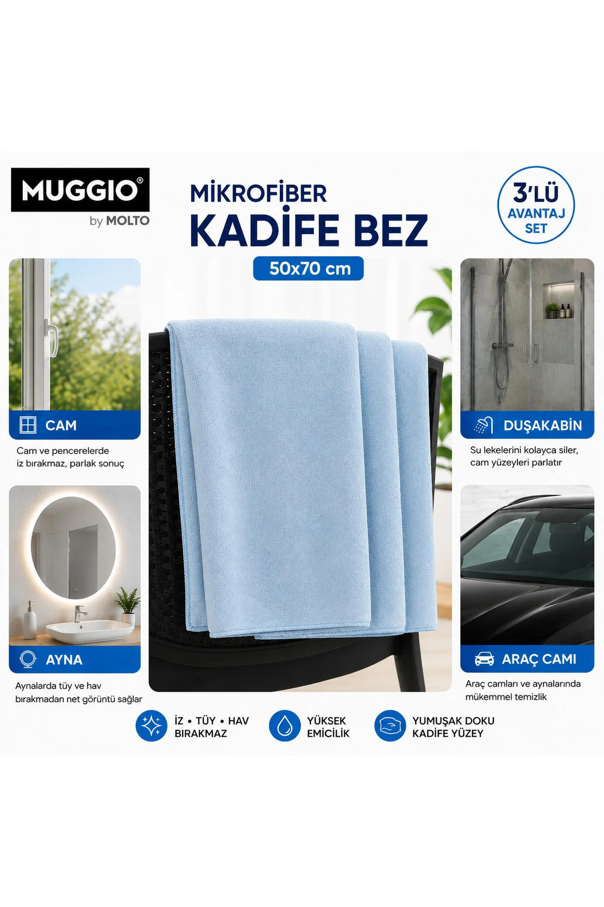 by Molto 50x70 Mikrofiber Kadife Bez 3'lü Set | Oto Kurulama Bezi, Oto Yıkama Bezi, Yüksek Emicilik