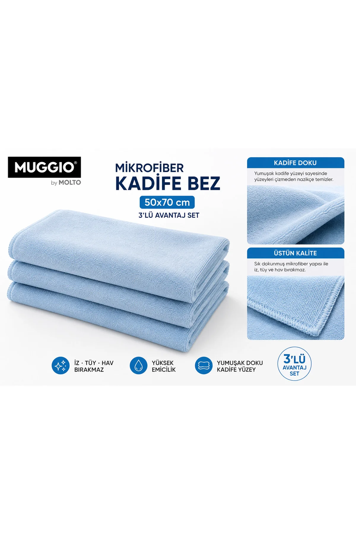 by Molto 50x70 Mikrofiber Kadife Bez 3'lü Set | Oto Kurulama Bezi, Oto Yıkama Bezi, Yüksek Emicilik - Muggio Görsel 2