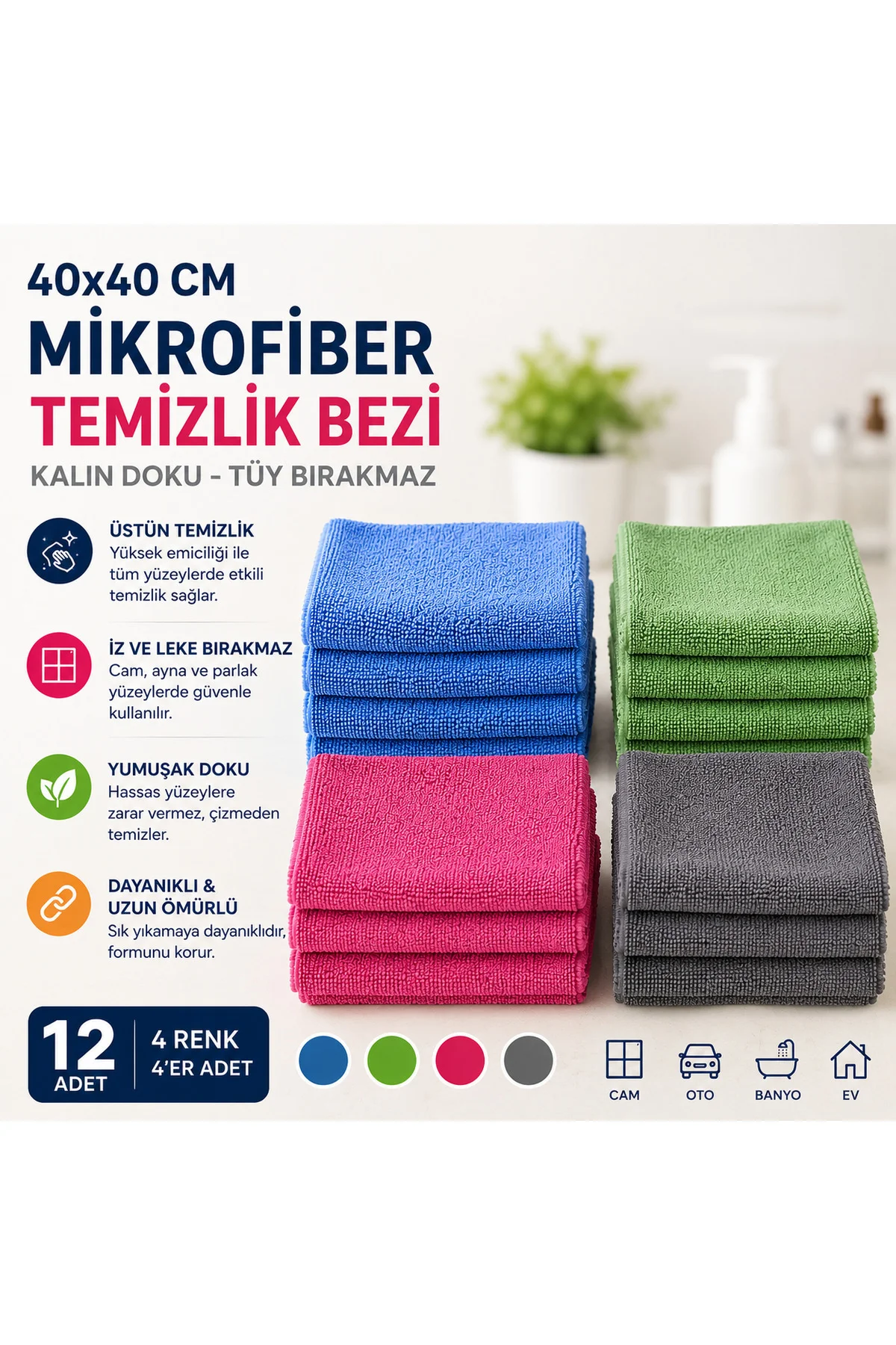 40x40 Mikrofiber Temizlik Bezi Kalın Doku Cam Silme Oto Kurulama Bezi Tüy Bırakmaz, 12 Adet