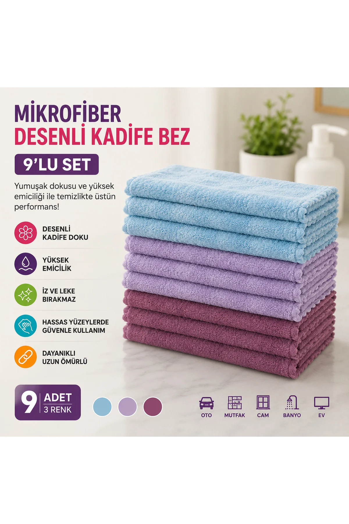 30x30 Düz Mikrofiber Kadife Temizlik Bezi 9'lu Set – Ultra Yumuşak, İz &amp; Tüy Bırakmaz