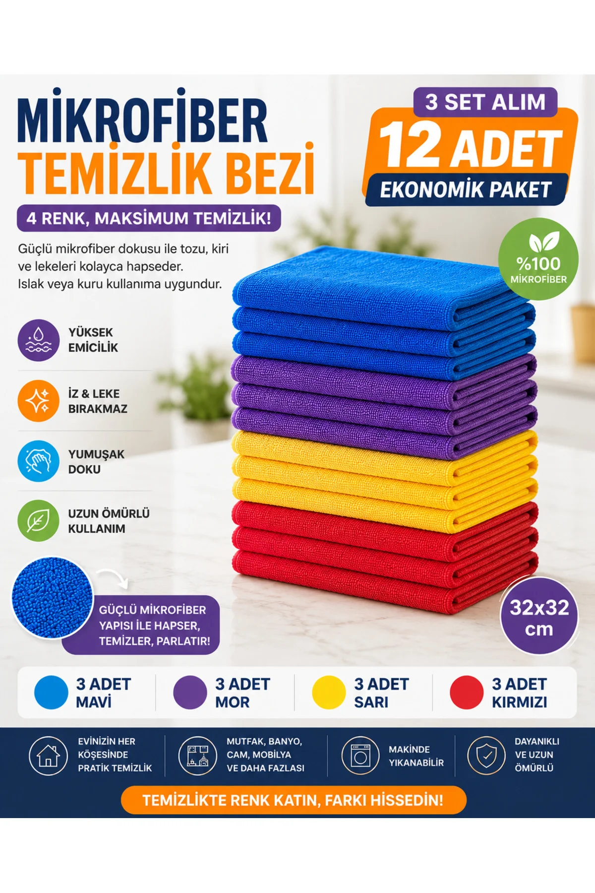 32x32 Mikrofiber Temizlik Bezi 12'li Set – 4 Renk, Yüksek Emicilik, Leke Tutmaz, Koku Yapmaz