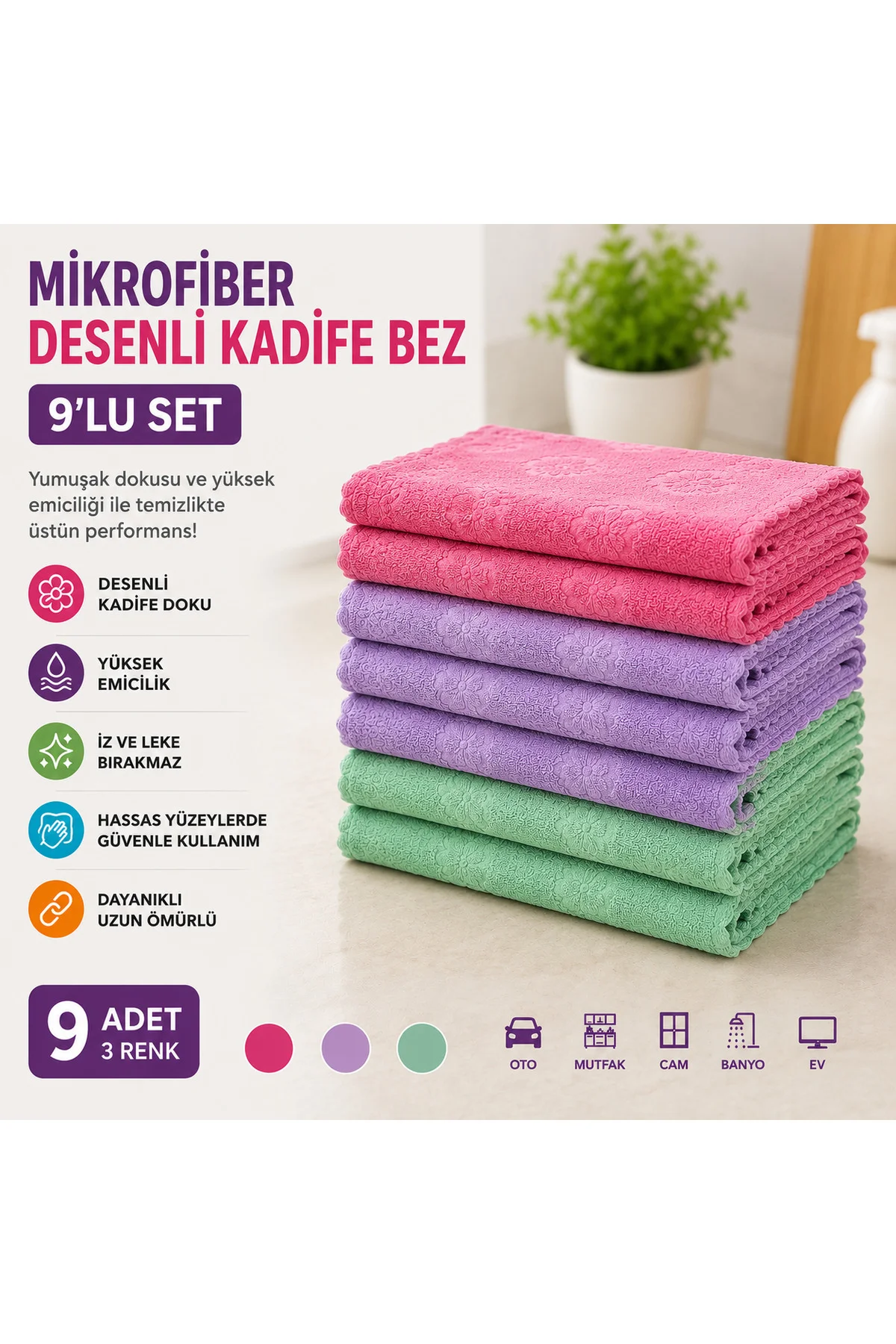 30x30 Mikrofiber Desenli Kadife Temizlik Bezi 9'lu Set – Yumuşak, İz Bırakmaz