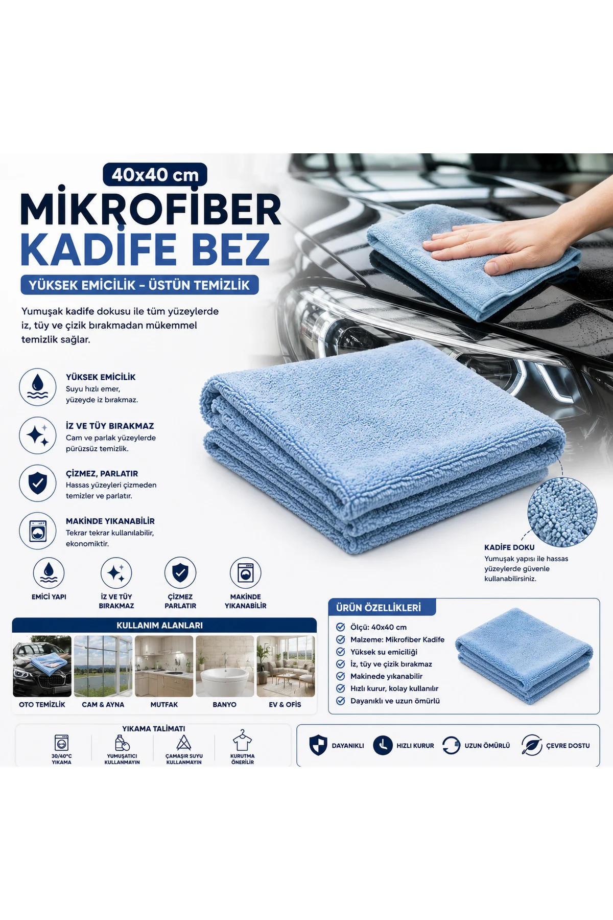 40x40 Mikrofiber Kadife Bez Oto Kurulama Temizlik Bezi İz Tüy Hav Bırakmaz 1 Adet - Muggio Görsel 2