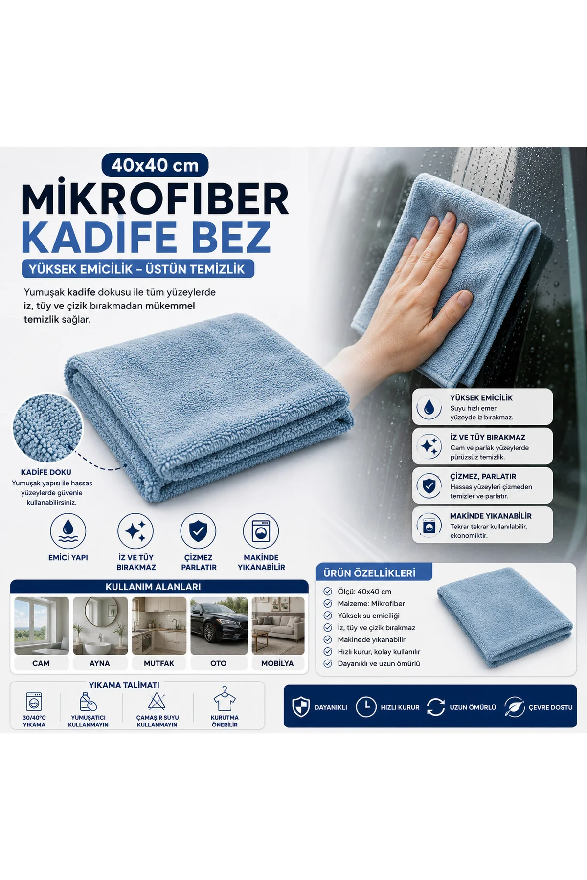 40x40 Mikrofiber Kadife Bez Oto Kurulama Temizlik Bezi İz Tüy Hav Bırakmaz 1 Adet