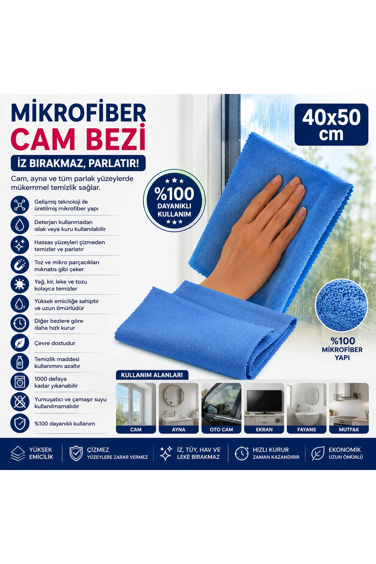 40x50 Mikrofiber Cam Bezi, Cam Silme Bezi İz Tüy Hav Bırakmaz Ayna Parlatma Bezi 1 Adet - Muggio Görsel 2