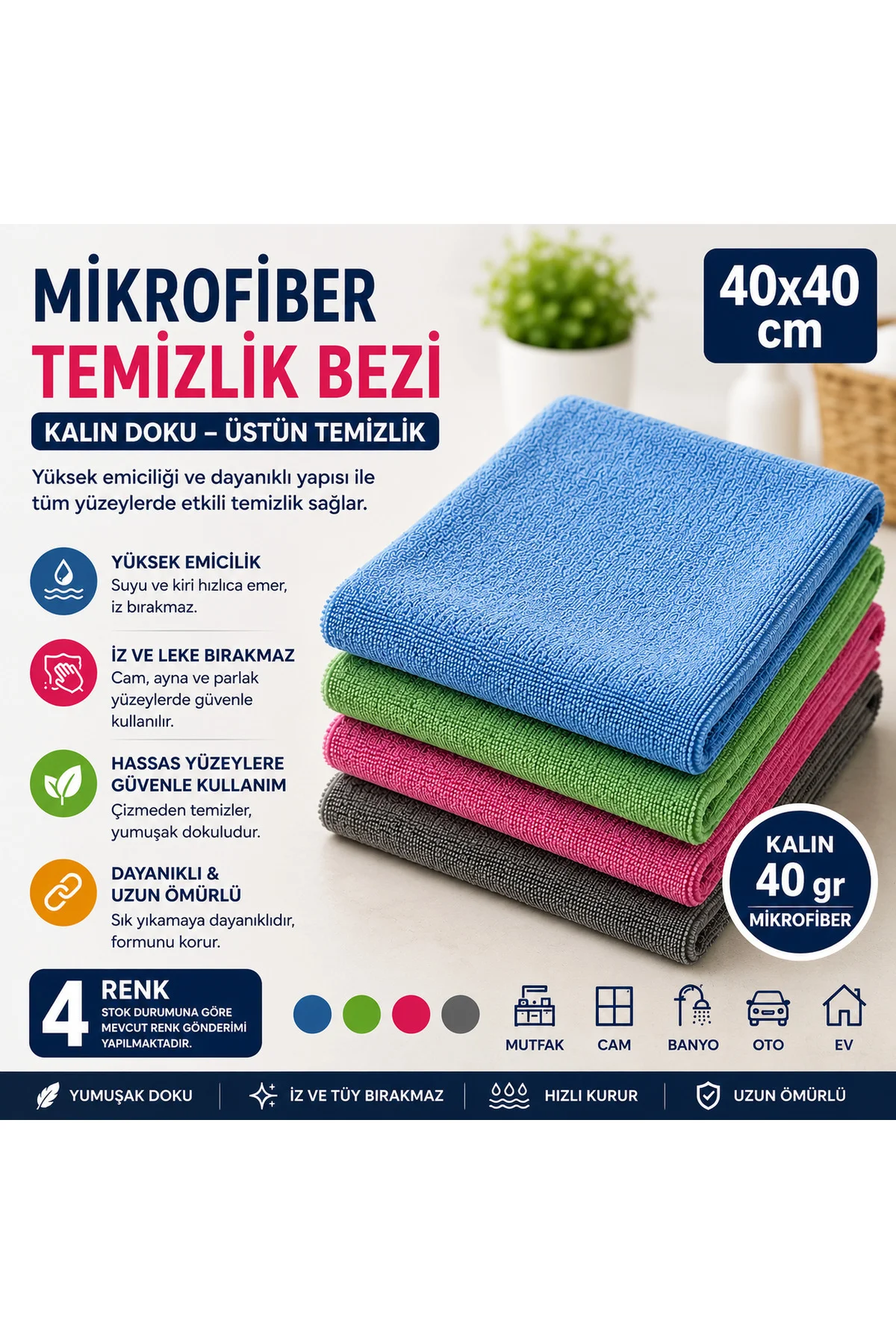 40x40 Mikrofiber Temizlik Bezi Kalın Doku Cam Silme Oto Kurulama Bezi Tüy Bırakmaz, 1 Adet