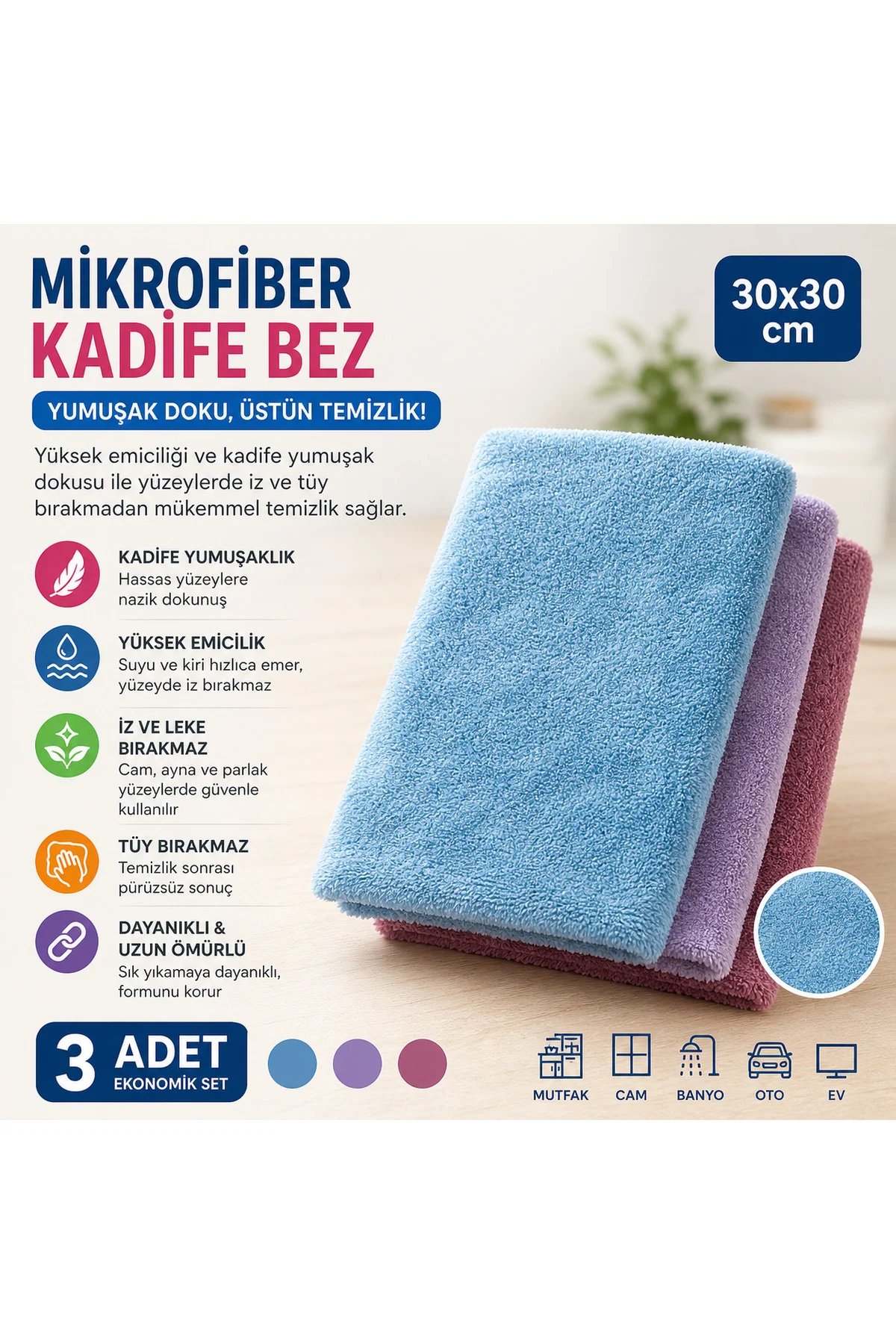 30x30 Düz Mikrofiber Kadife Temizlik Bezi 3’lü Set – Ultra Yumuşak, İz &amp; Tüy Bırakmaz