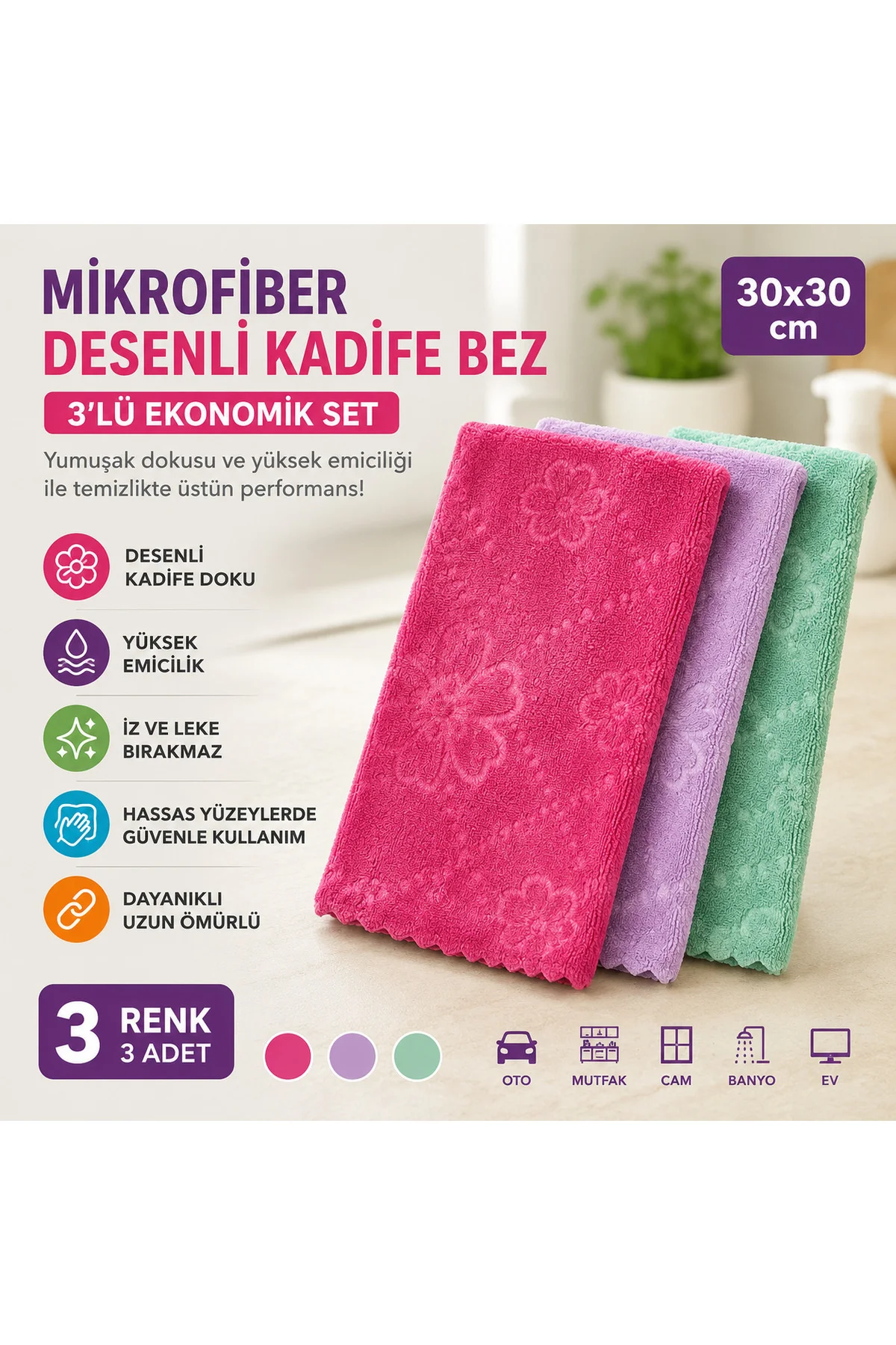 30x30 Mikrofiber Desenli Kadife Temizlik Bezi 3’lü Set – Yumuşak, İz Bırakmaz